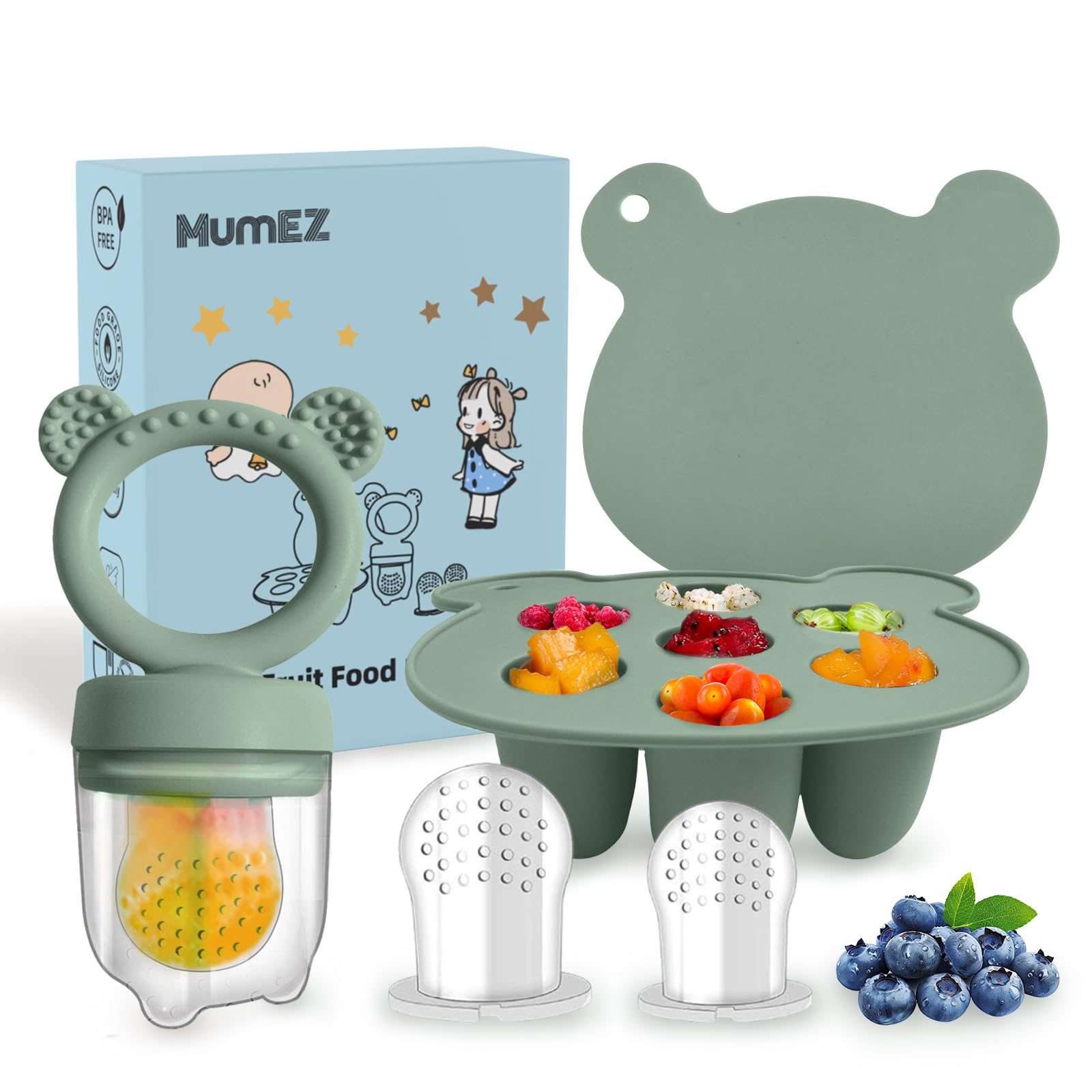MumEZ Baby Fruit Feeder Pacifier - Convenient Baby Food Feeder Set,Baby Food Dummy Feeder, Baby Food Freezer Trays Included（Sage）