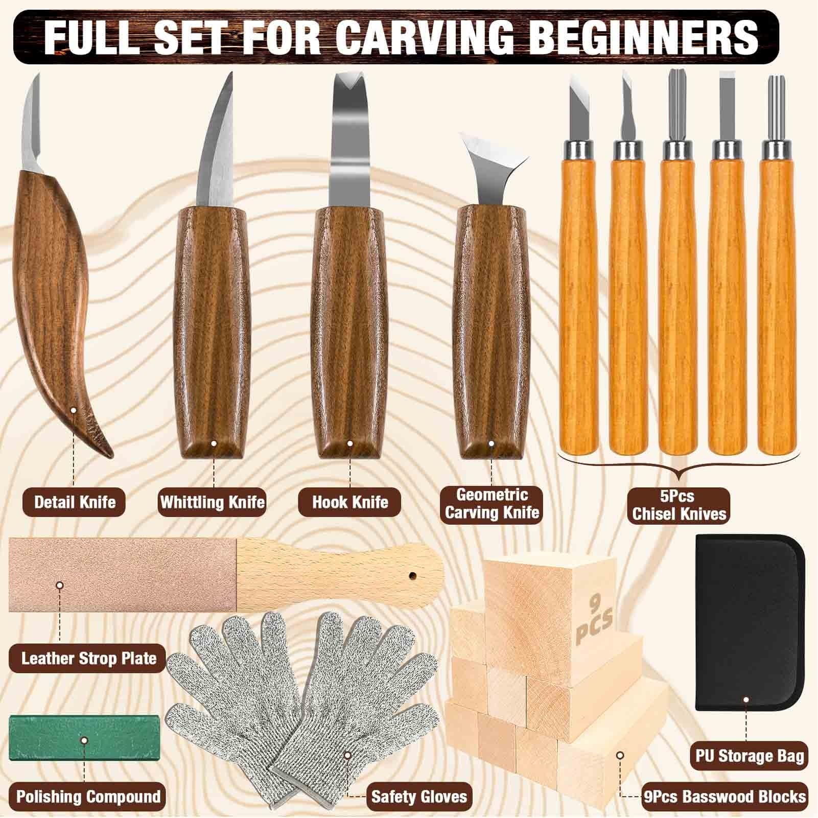 K KERNOWO - Juego de herramientas de carpintería 23 piezas, kit de tallado de madera para amantes del bricolaje principiantes, incluye bloques de madera de tilo, bolsa de almacenamiento de PU