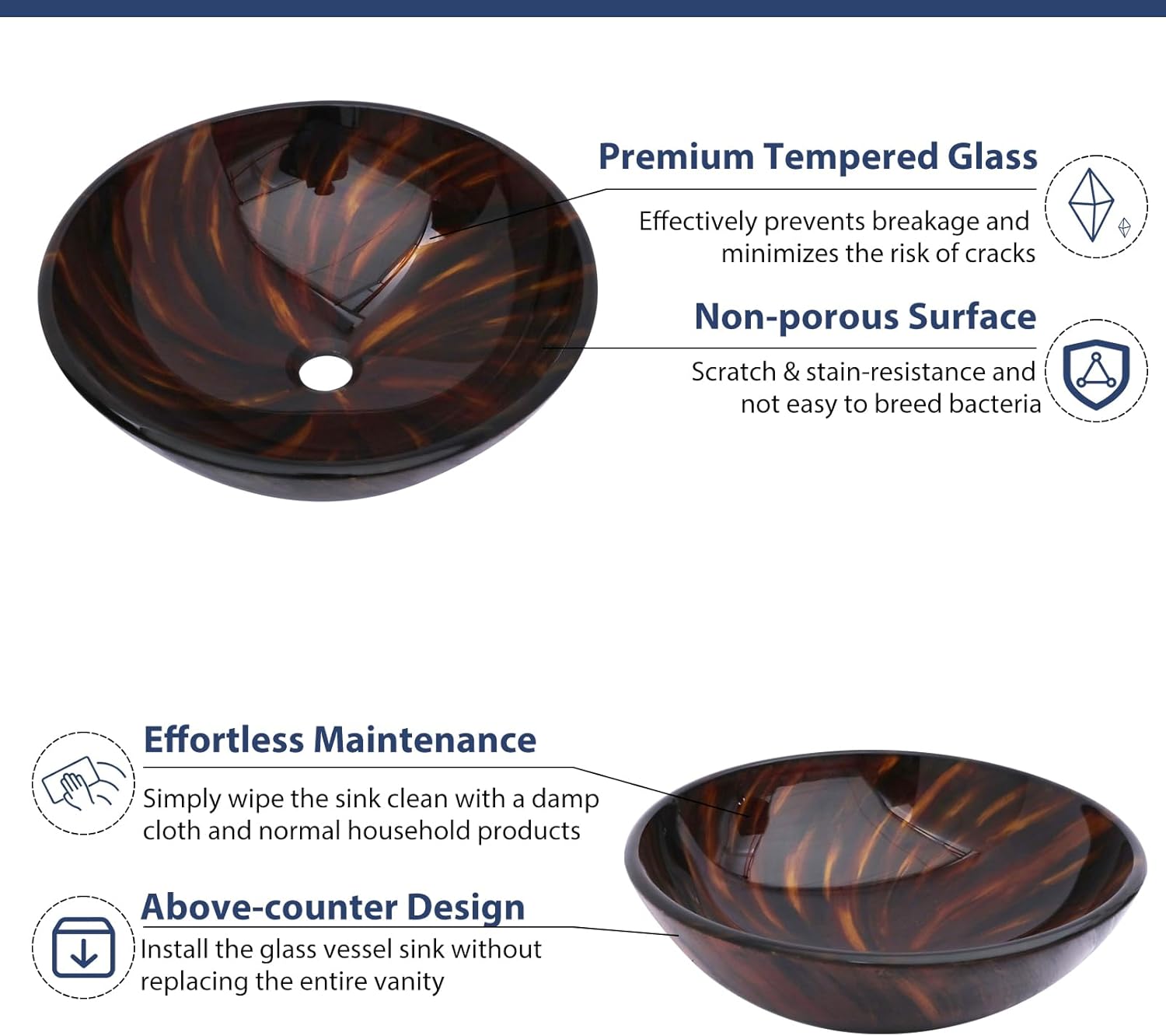 Mocoloo Round Glass Vessel Sink, 16x16 Inch Bathroom Sink Amber Tempered Glass Bathroom Vanity Sink with Pop-Up Drain Above Counter Basin Bowl