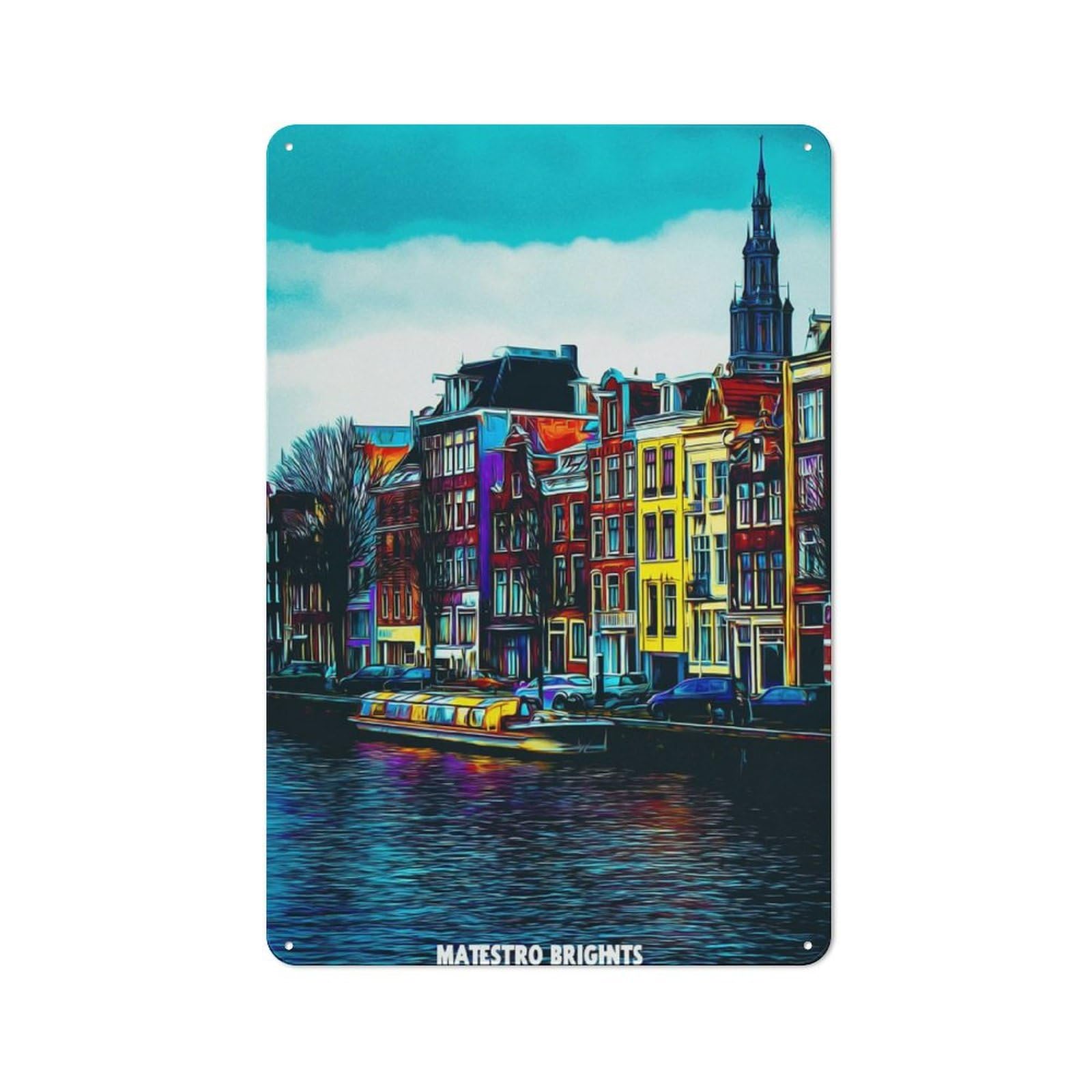 Junmoney Colorful Amsterdam Canal Scene Rustic Tin Sign 30X20cm For Café Or Home Bar, Suited To Hospitality Decor Collectors
