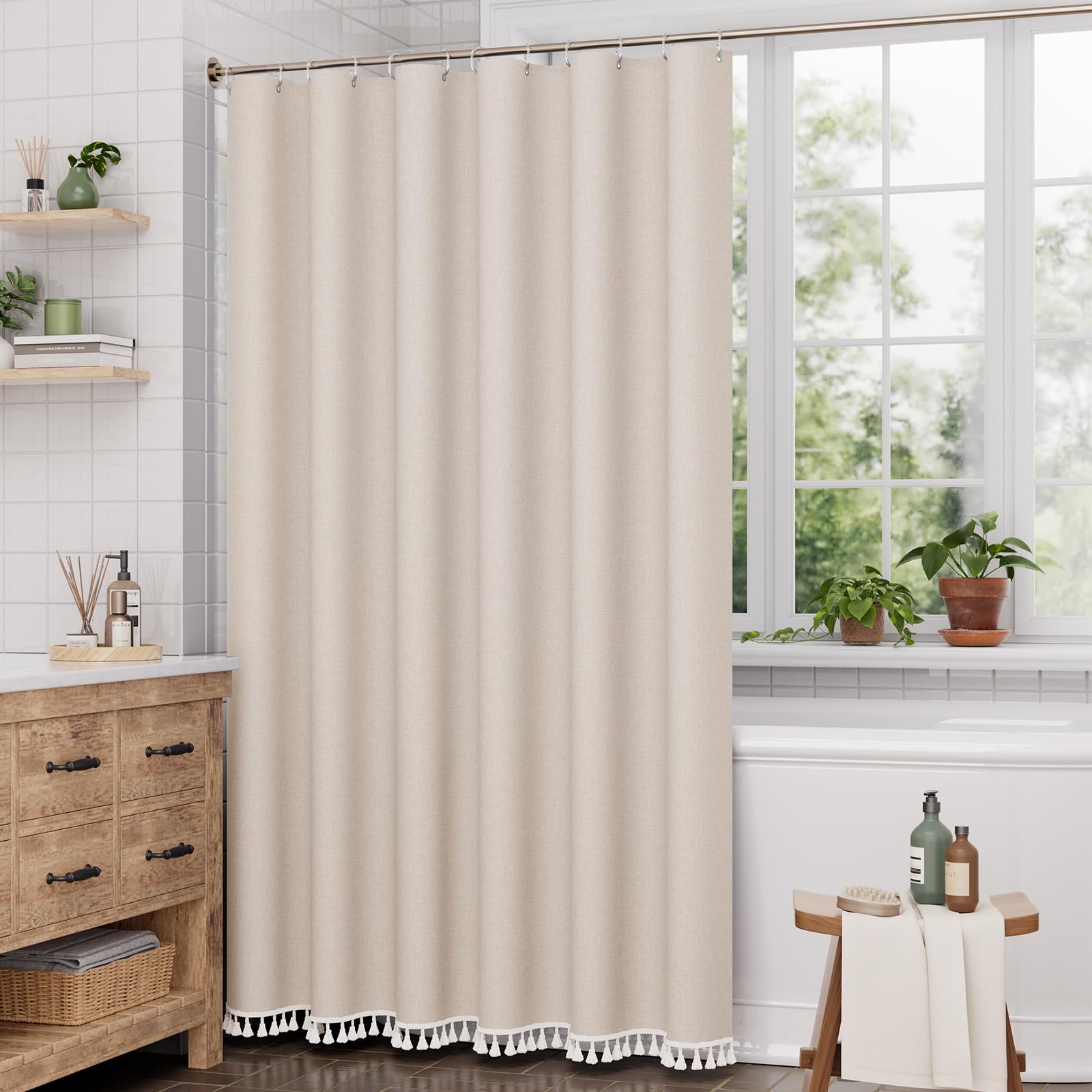 AmazerBath Boho Shower Curtain for Bathroom, 72x72 Beige Shower Curtain with Tassels, Modern Farmhouse Shower Curtain Set with Hooks, Neutral Faux Linen Light Tan Toned, Water Repellent