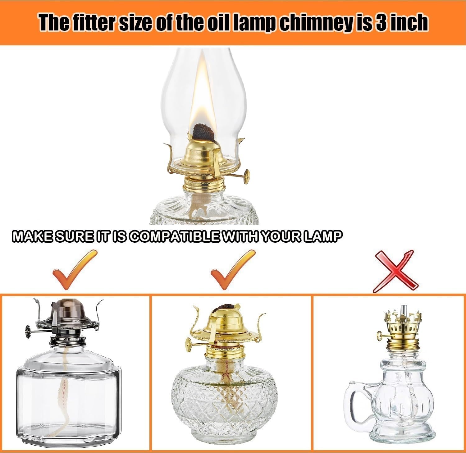 Oil Lamp Chimney Replacement,3 Inch Base by 9 Inch Tall Kerosene Lamp Globe,Clear Glass Oil Lamps Globe,Hurricane Lamp Globes Shade Cover,Crimped Top Chimney For OilLamps For Indoor Use Parts