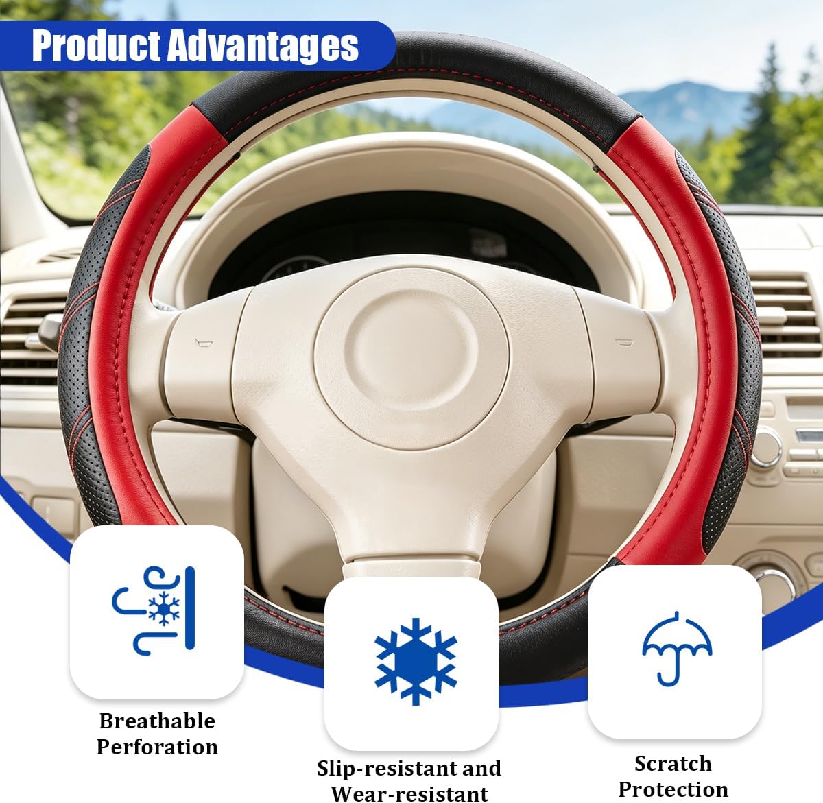 Car Steering Wheel Cover, 14.5-15" with Anti-Slip Lining, Red image 2