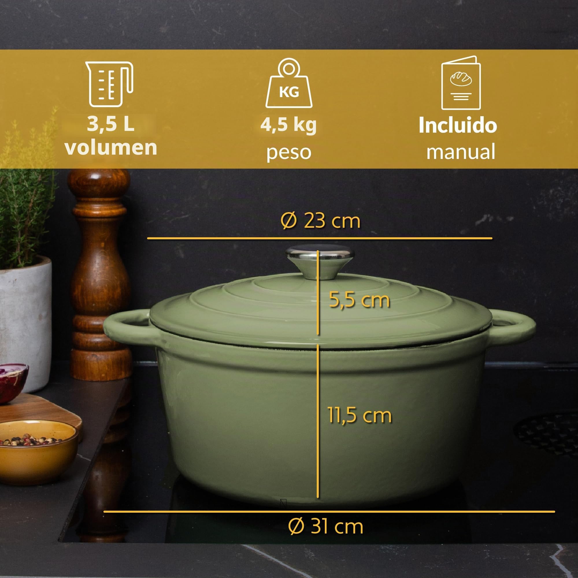 Chefarone Cacerola Hierro Fundido 24 cm 3,5L Esmaltada con Tapa Inducción Horno – Cocotte Multiusos para Hornear Pan Guisar Freír Cocinar