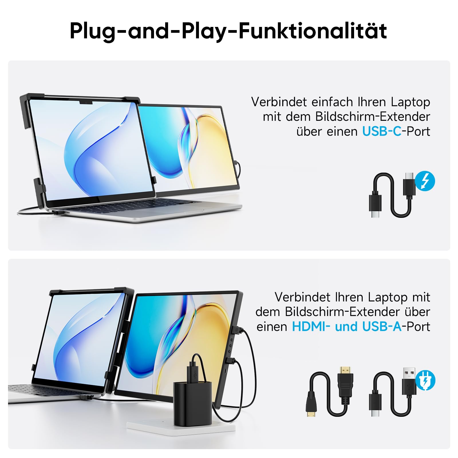 Dopesplay Laptop Monitor Erweiterung, 14 Zoll 1200P FHD Tragbarer Laptop Monitore, Eingebauter Stand Portable Monitor mit USB-C/USB-A/HDMI, Plug & Play, Geeignet für Mac, Wins, Chrome, Android, Dex