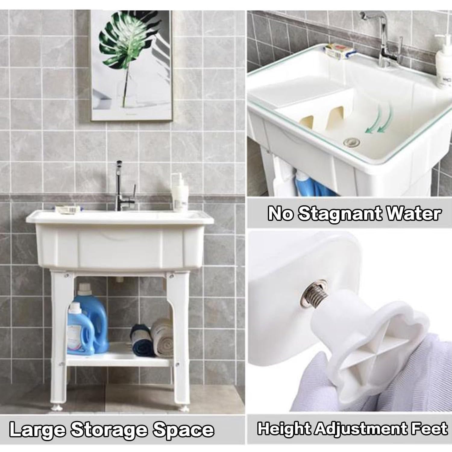 Fregadero Independiente para Lavandería, Lavabo De Plástico PP con Estante De Almacenamiento Inferior Y Pies Ajustables, Lavabo Interior Y Exterior para Lavar Ropa a Mano