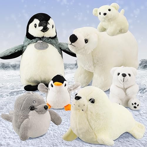 Miniatura 7 de Funtery Juego de 7 piezas de animales árticos de peluche grandes, lindo animal de peluche del océano, incluye foca, oso polar, pingüino, peluche de