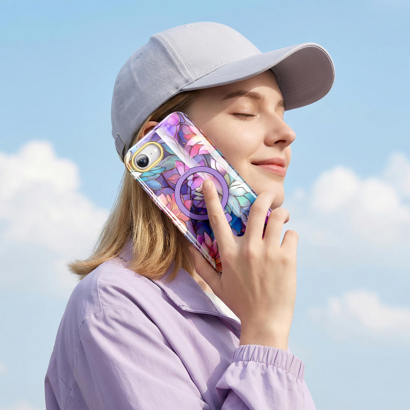 Custodia per iPhone 17e/16e con pellicola proteggi schermo-Lotus | Graziosa custodia con supporto magnetico invisibile [compatibile con MagSafe] Custodia militare integrale antiurto per donne