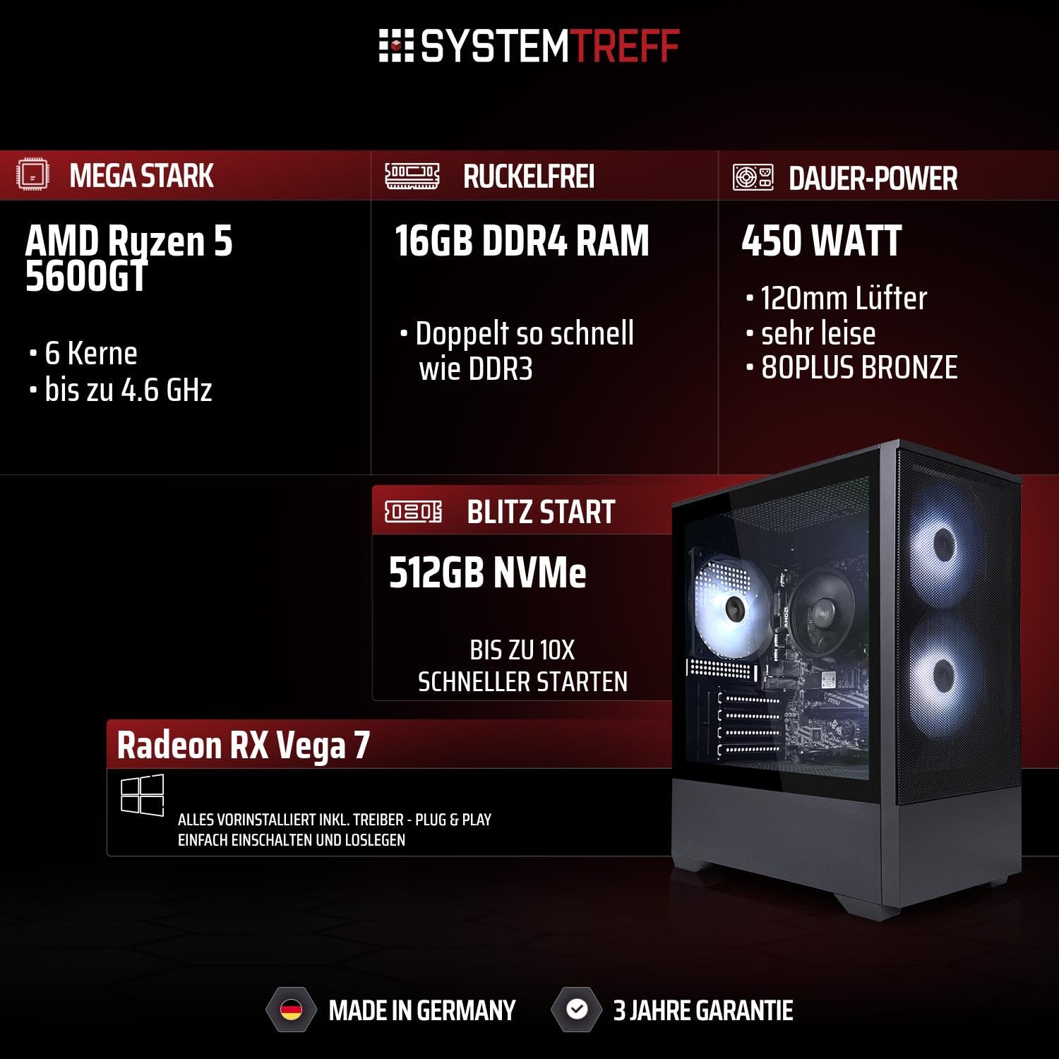 SYSTEMTREFF Office PC - AMD Ryzen 5 5600GT - 16GB RAM - 512GB M.2 SSD | AMD 6-Kern CPU bis 4.6 GHz, Radeon RX Vega 4K HDMI, WLAN, Windows 11, für Büro, Business
