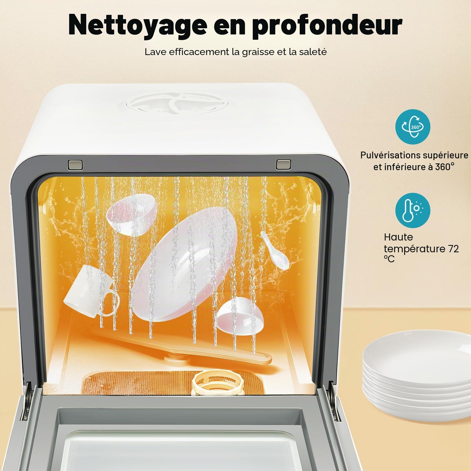 Mini lave-vaisselle, lave-vaisselle de table 4-6 personnes, lave-vaisselle de table énergétiquement efficace avec 4 programmes, séchage par air chaud et antibactérien 72h, Blanc