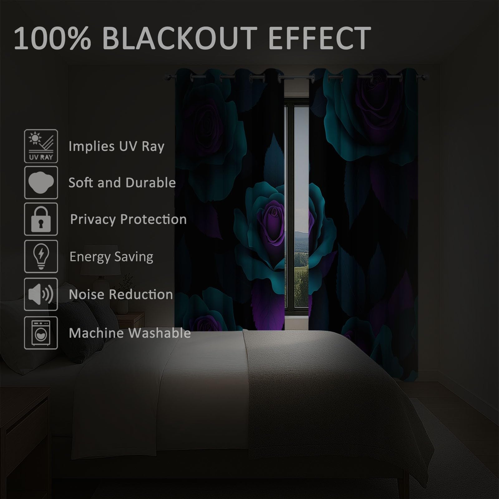Tende Oscuranti per Interni 2 Pezzi 140x140 cm (LxA), Fiore Rosa 3D Foglie Tenda Coprente per Soggiorno, Termiche Isolanti Nero Tendaggi per Interno Finestra per Salotto Cucina