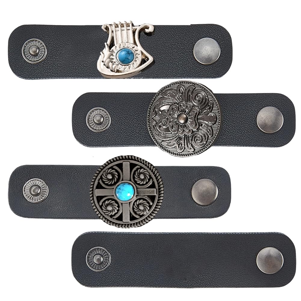 CALFOVERA 4PCS 4 Styles PU Leather Bandana Turquoise Scarf Holder Buckle Solid Color Neckchief Slides Clasp Handmade Vintage Western Flower Bandana Scarf Ring for Kerchief Headwear Headband