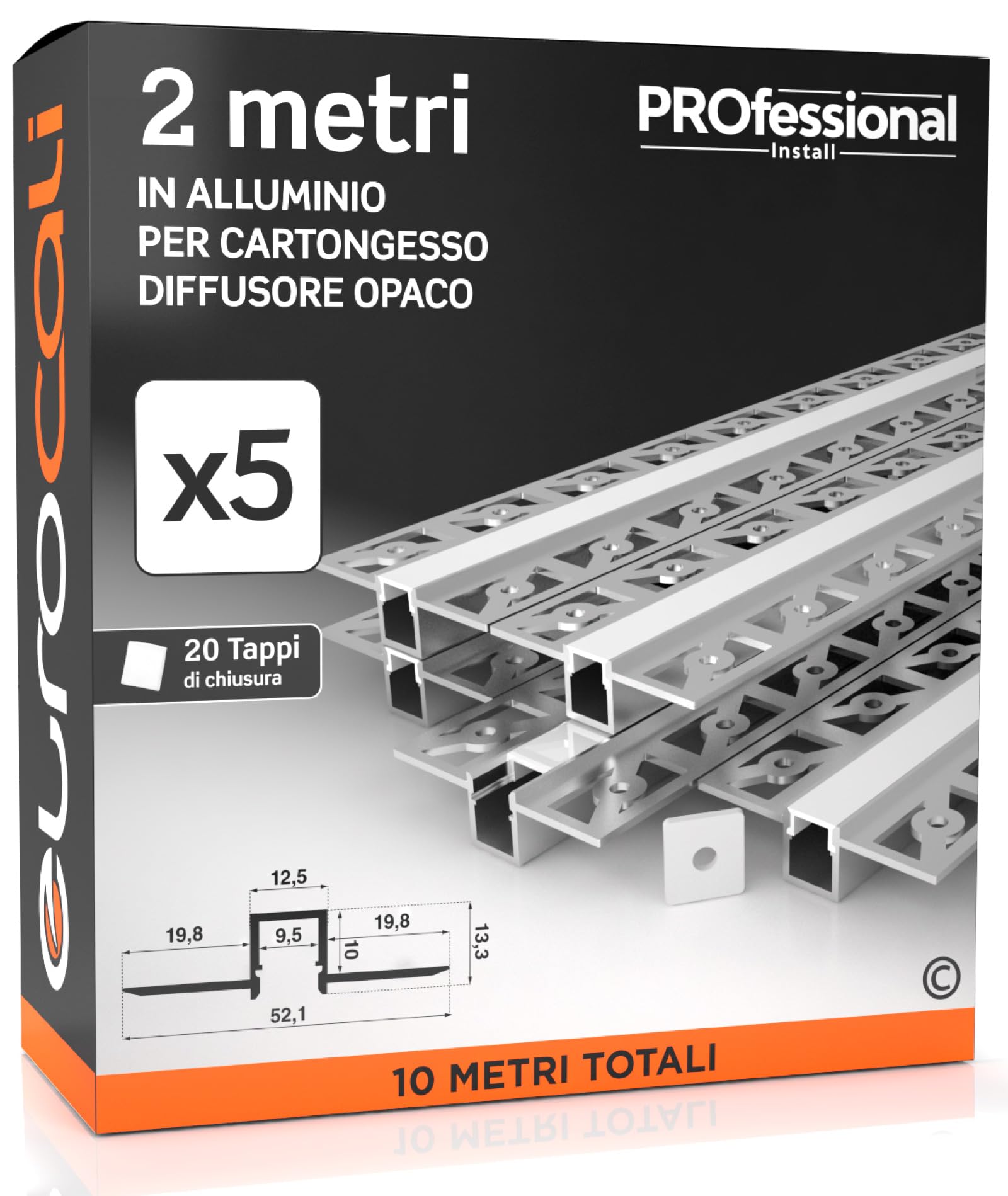 5x Profili da 2 metri (10mt) a Scomparsa in Alluminio per Strisce LED Schermatura Opaca ingombro max striscia led 9.5mm - 12.5 x 10 (alette 52.1)