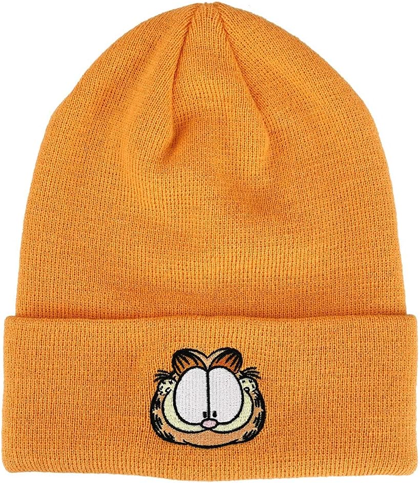 Garfield Face Character Cuffed Flat Embroidery Logo on Orange Acrylic Knitted Woven Beanie
