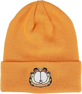 Garfield Face Character Cuffed Flat Embroidery Logo on Orange Acrylic Knitted Woven Beanie