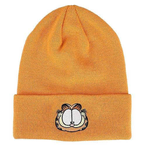 Garfield Face Character Cuffed Flat Embroidery Logo on Orange Acrylic Knitted Woven Beanie
