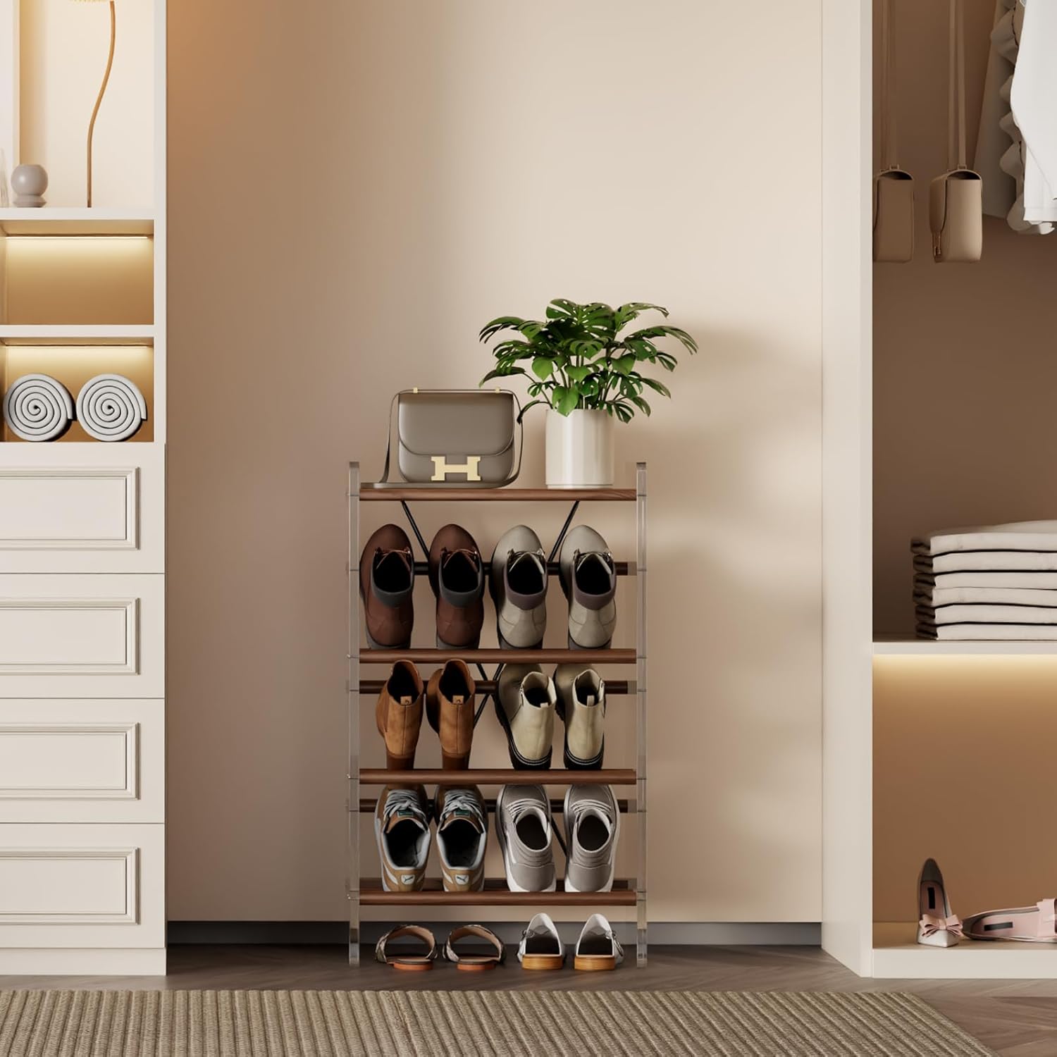 Shoe Rack, 4-Tier Slanted Shoe Storage Shelf, Narrow Shoe Rack for Entryway, Solid Wood and Acrylic Shoe Stand, Slim Shoe Shelf with Wooden Top ，Suitable for Bedrooms and Living Rooms