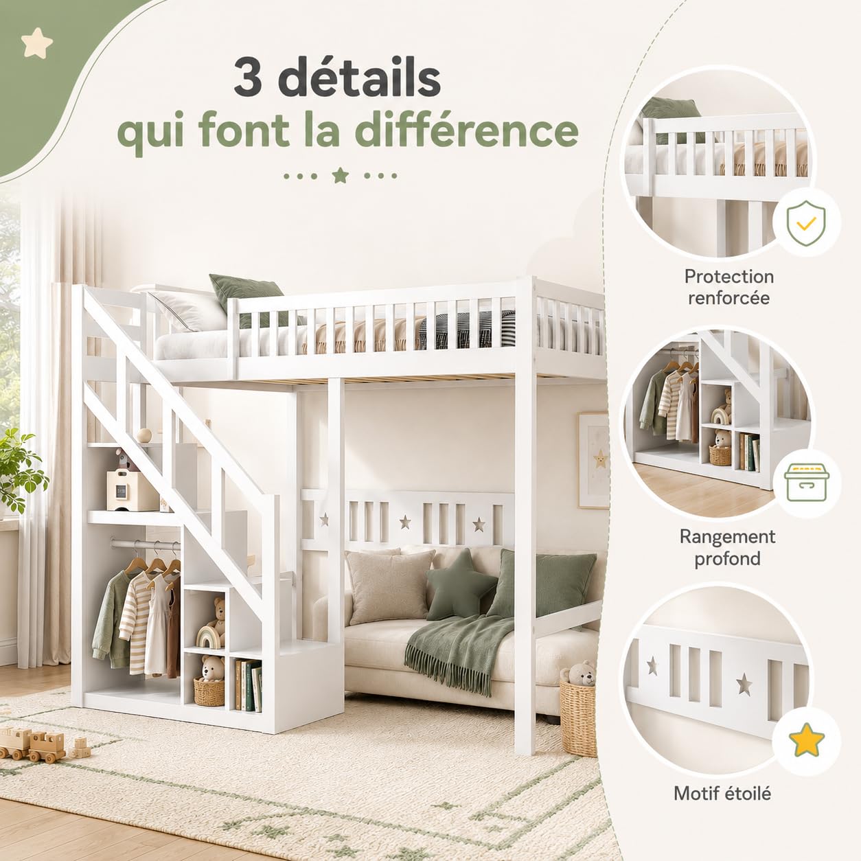 Lit superposé, pour enfant, 140 x 200 cm, en bois, avec espace de rangement, pour 2 enfants, 140 x 200 cm, avec escalier et sommier à lattes, avec protection contre les chutes, sans matelas