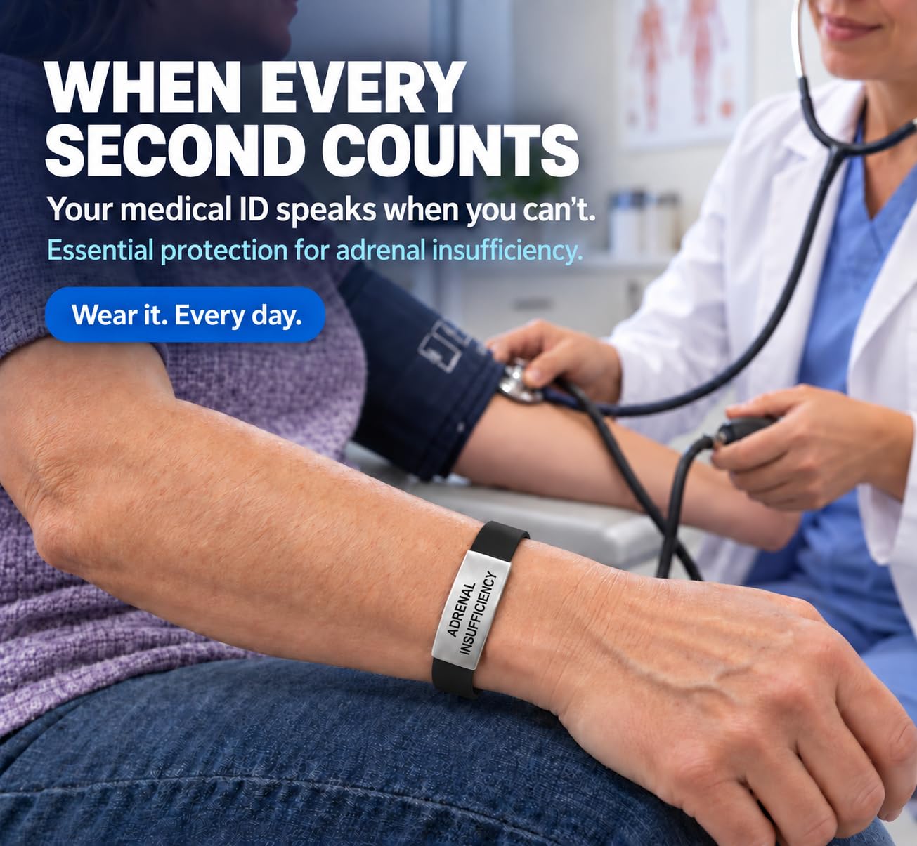 Bracelet d'identification médicale réversible « Insuffisance surrénale » pour homme et femme