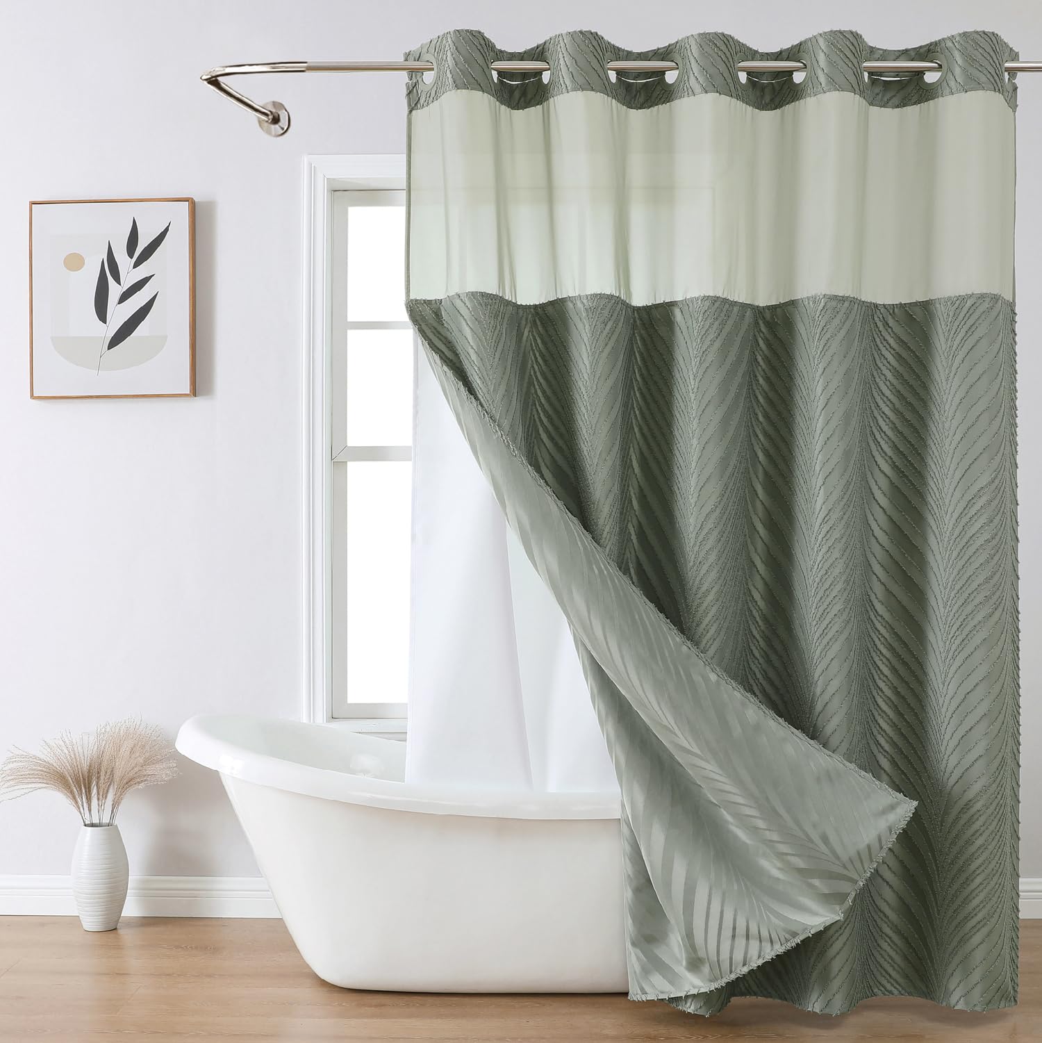 eachope no Hook Shower Curtain and Liner Set，Boho Style with See Through Top Window, Black Fabric Tufted Striped Textured Outer Curtain & Waterproof