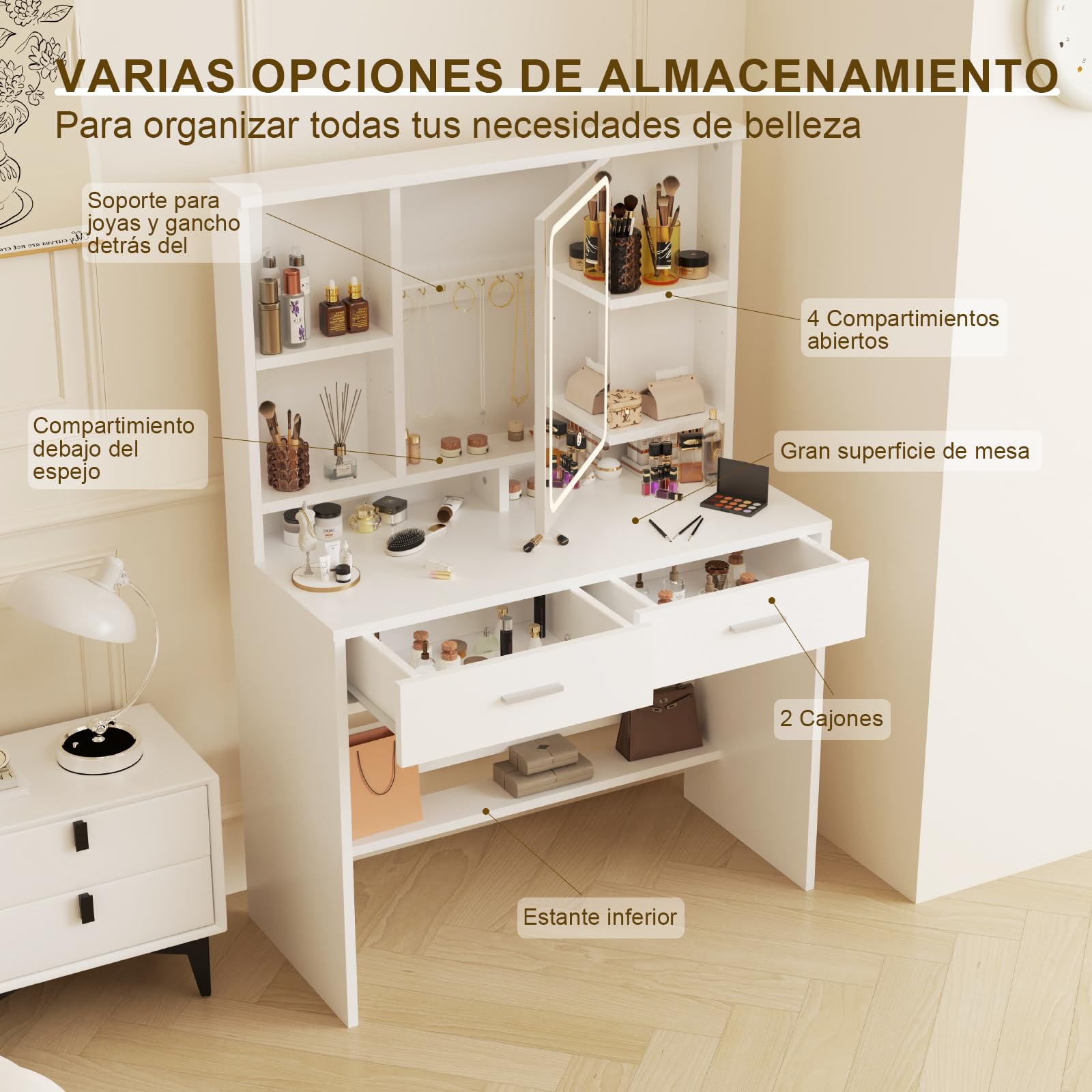 Airfish Coiffeuse avec Miroir LED, Luminosité Réglable, Rangement Derrière Le Miroir pour Bijoux, Table de Maquillage avec Étagère Réglable et 2 Tiroir, Meuble Coiffeuse Moderne pour Chambre (Blanc)