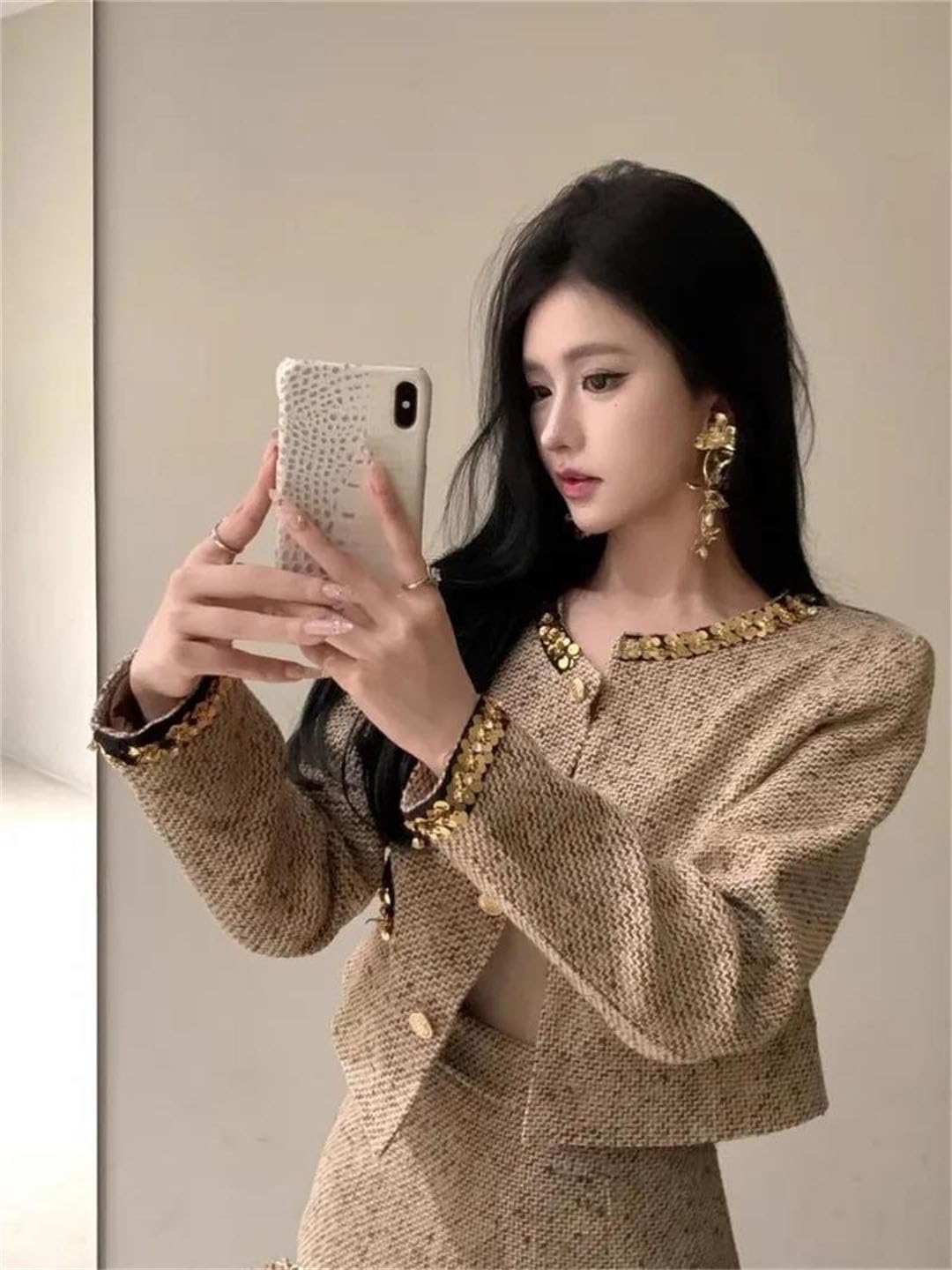 Women Tweed Two Piece Set Sequin O Neck Jacket Mini Skirt Outfit