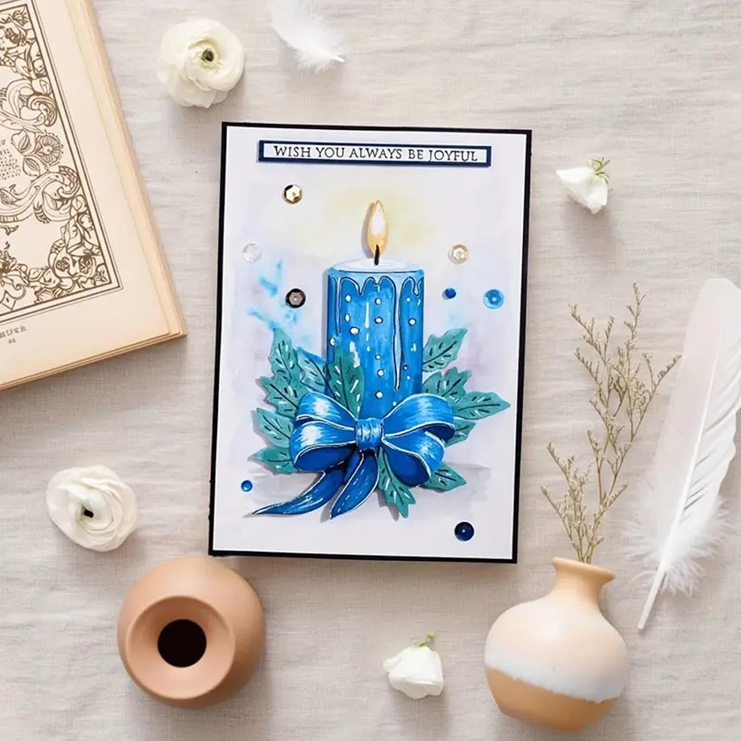 Christmas Metal Die Cuts, Candle and Bow Leaf Frame Festival Cutting Dies Cut Stencils for DIY Photo Decorative Embossing Paper Dies for Scrapbooking Card Making