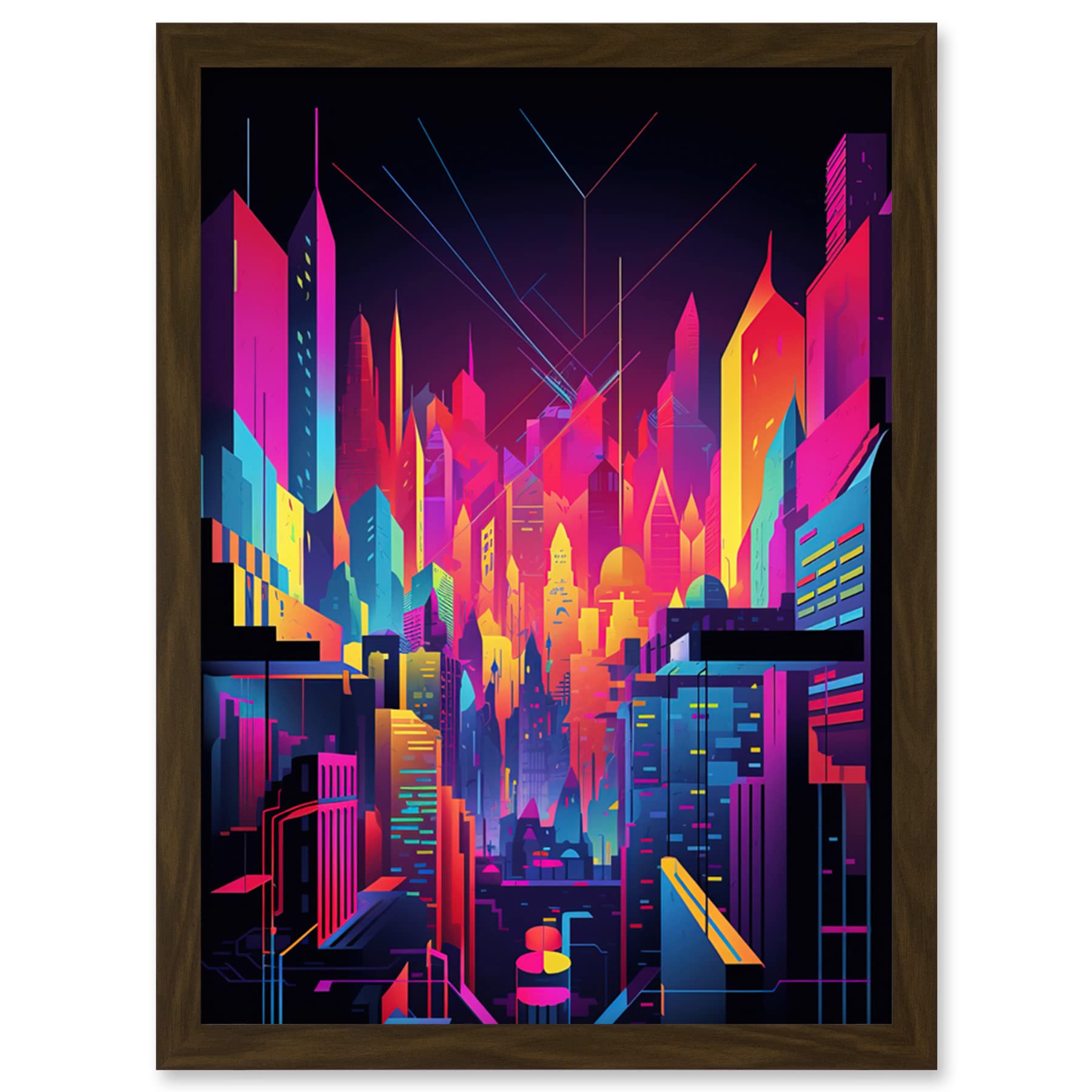Artery8 Neon Light Colour Abstract Metropolis Cityscape at Night Modern Artwork Artwork Framed Wall Art Print A4