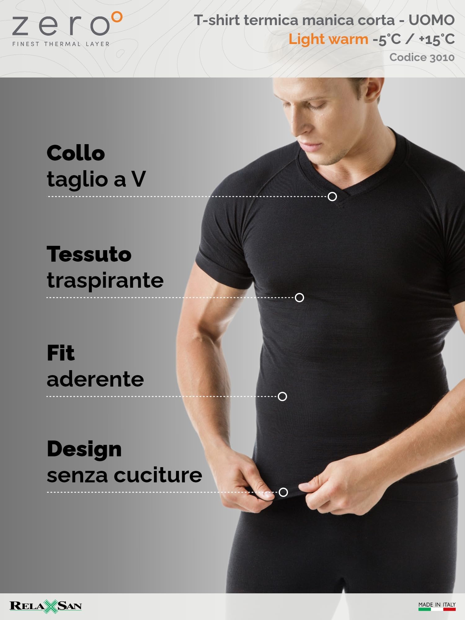 Relaxsan Zero Maglia Termica Uomo Manica Corta, con Lana Merino, Made in Italy, cod. 3010
