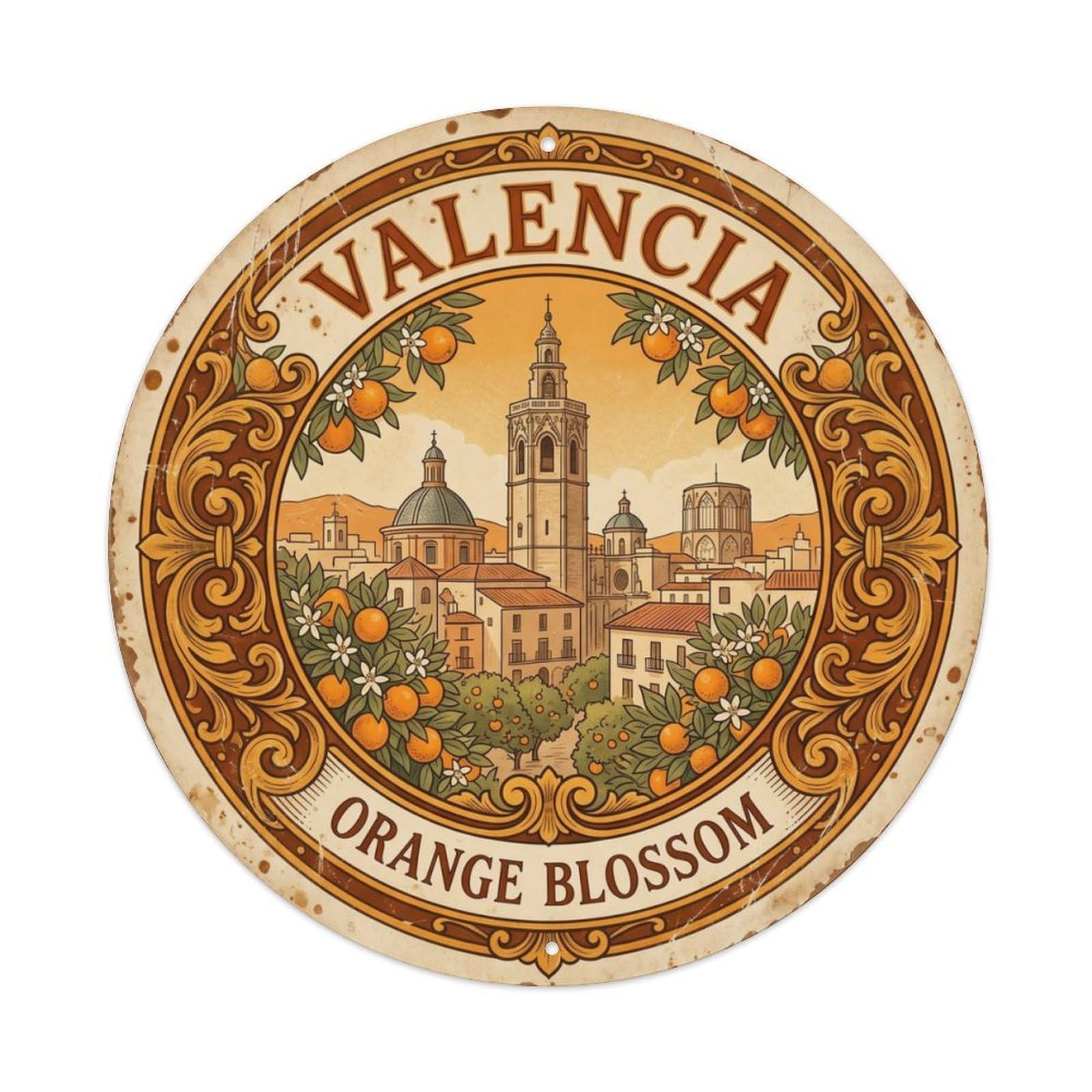 Vintage Travel Oldtown Valencia Historic Metal Tin Sign Plaque Wall Decor for Cafe, Club Bar, Office, Home Garden Round Metal Poster 8x8Inch
