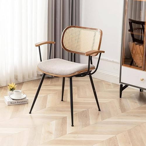 Miniatura 4 de YOUUGIOR Juego de 2 sillas de comedor de ratán modernas de mediados de siglo, sillas de escritorio con patas de metal, sillas decorativas de tela de