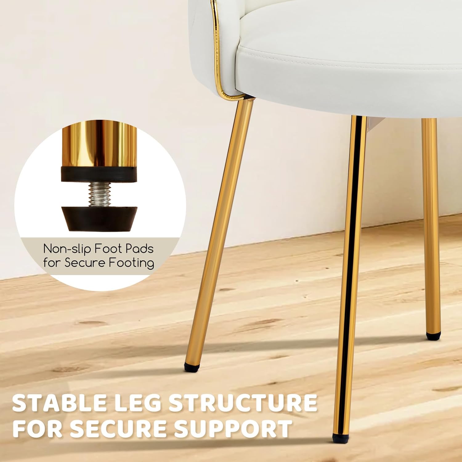 Cute Vanity Chair with Back, Small Armless Leather Makeup Desk Chair No Wheels, Modern Swivel Accent Vanity Stools with Gold Legs for Vanity Bedroom Dress Room, White