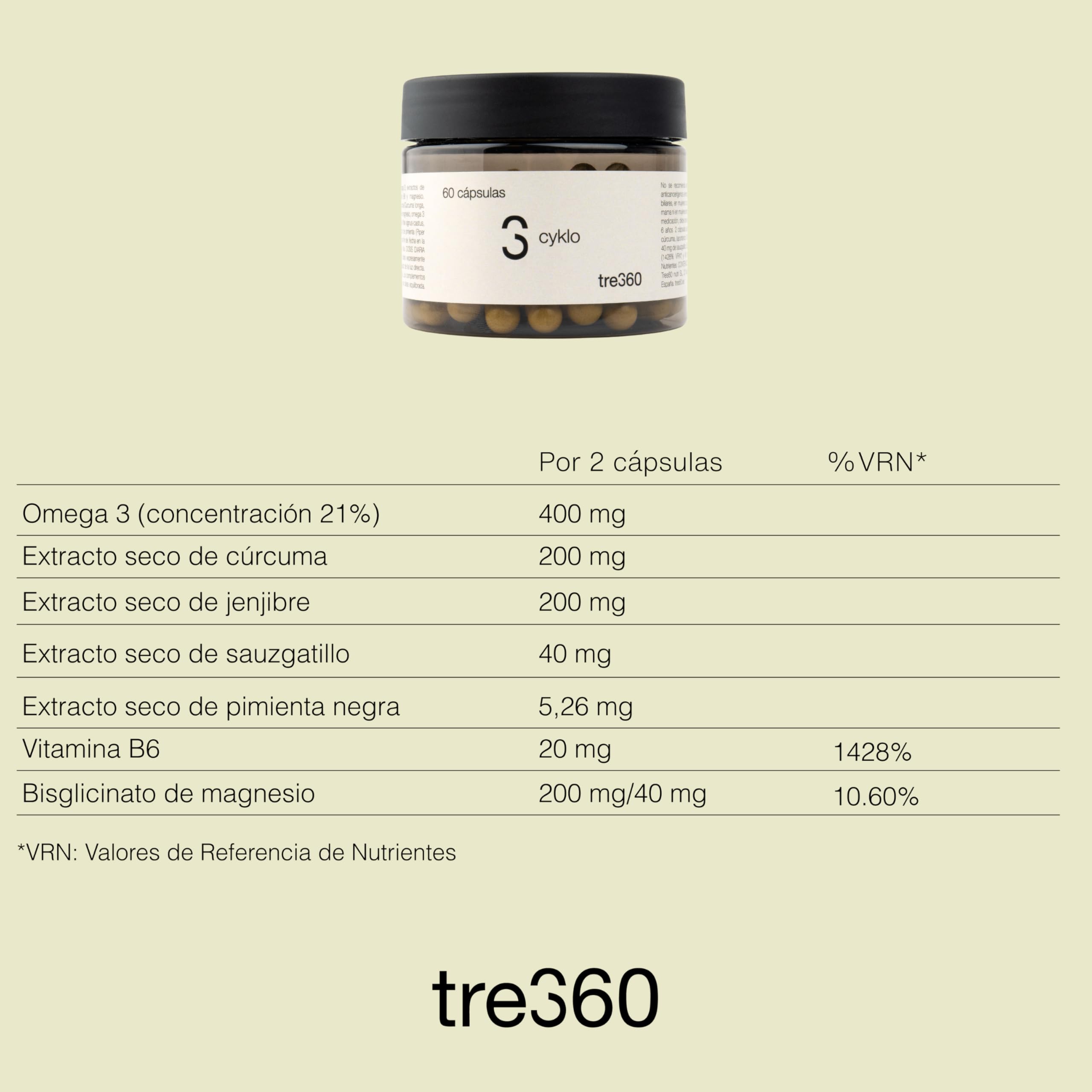 Tres60 - Cyklo Regulador Hormonal - 60 Cápsulas - Sauzgatillo (Vitex Agnus-Castus), Magnesio, Zinc y Vitamina B6 - Complemento para Equilibrio Hormonal y Bienestar Femenino - Síndrome Premenstrual