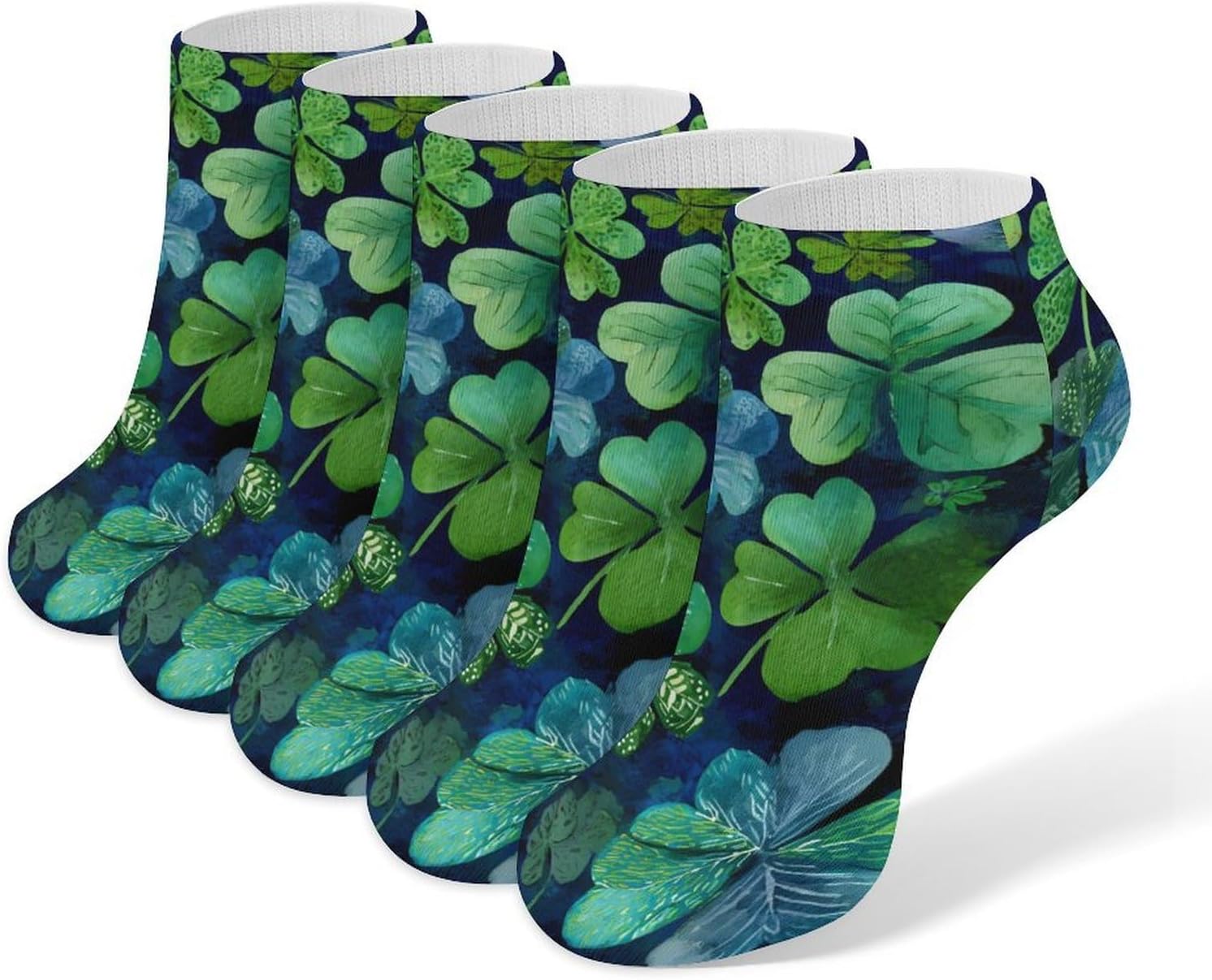 Shamrocks Four Leaf Clovers No Show Ankle Socks Low Cut Non Slip Flat Boat Line 5 Pairs Set