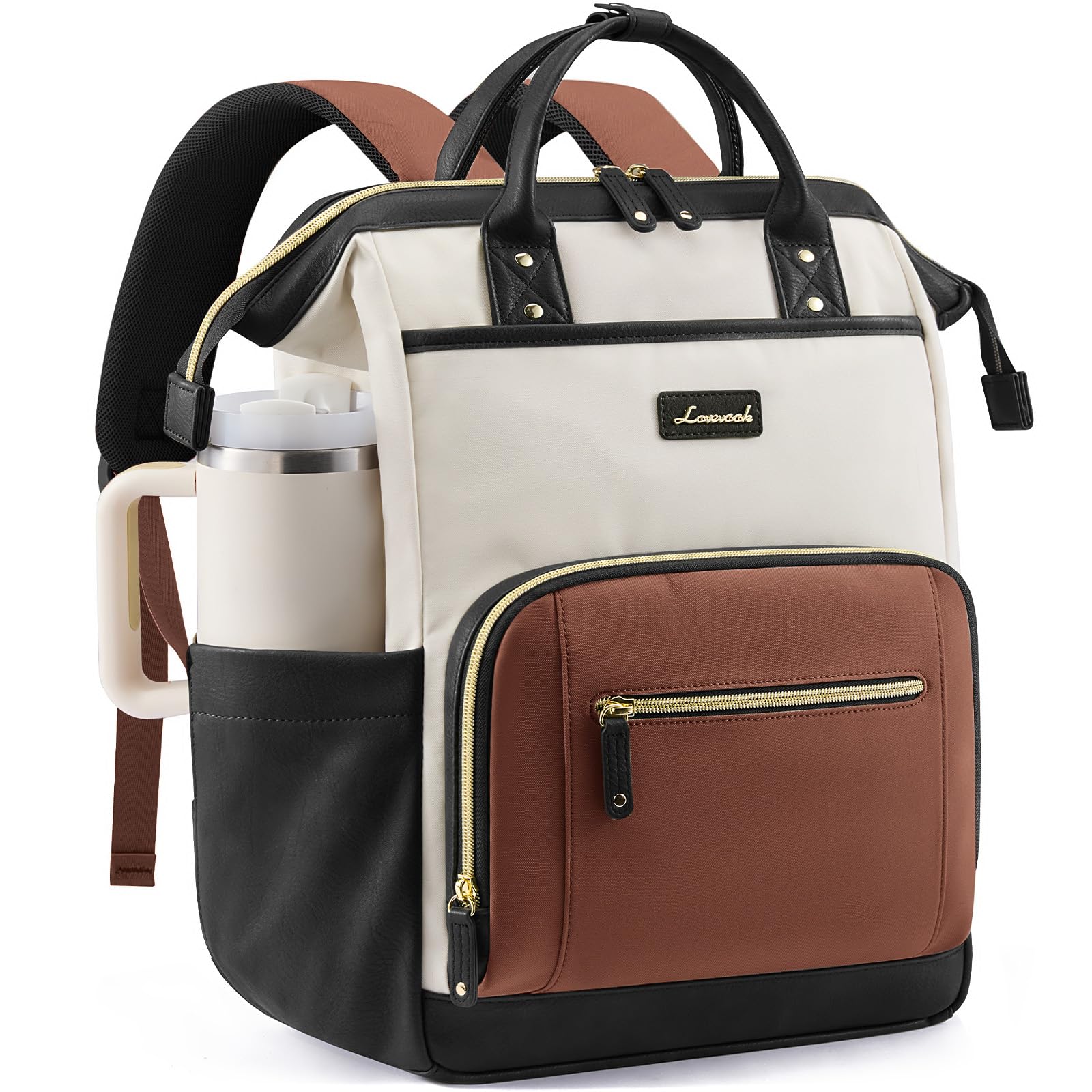 LOVEVOOK Laptop Backpack for Women with Giant Tumbler Holder,15.6 inch Professional Nurse Teacher Backpack Computer Laptop Bag,Cute Waterproof Travel Backpack Purse Work College Bag, Beige-Black-Brown
