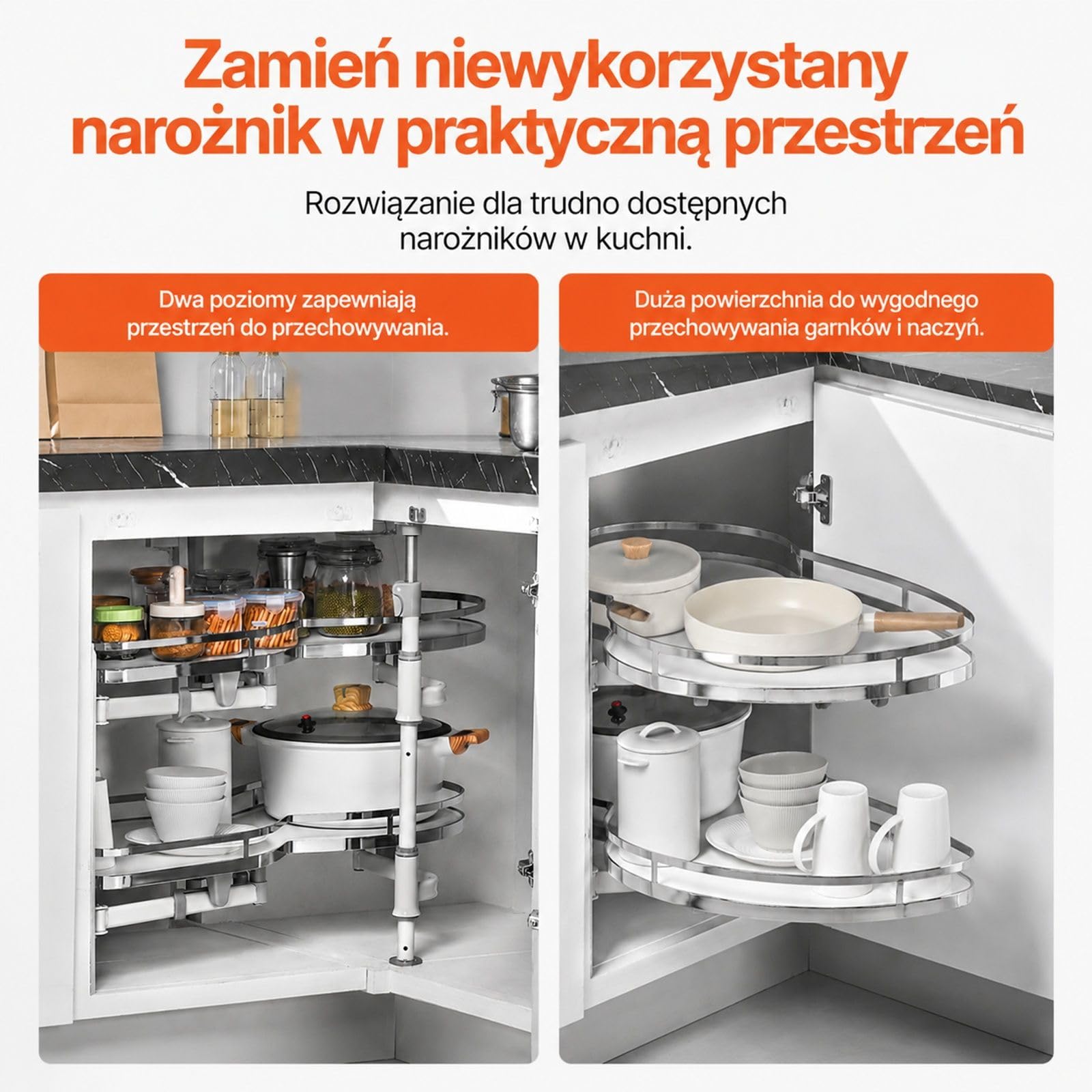 Organizer do narożnej szafki kuchennej, 2-poziomowe obrotowe wysuwane tace, regulacja wysokości, otwieranie w lewo, cichy domyk