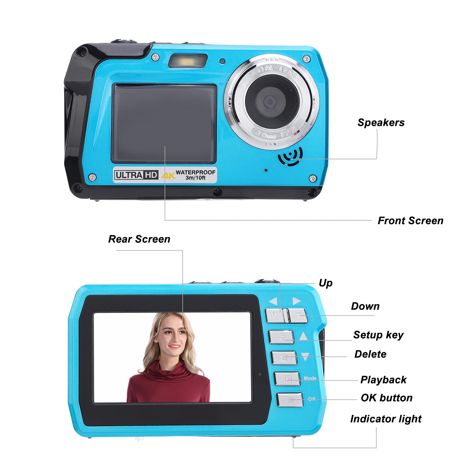Fotocamera Subacquea 4K 56MP, Fotocamera con Zoom Digitale 16X con Doppio Schermo, Luce di Riempimento 1500mAh, Fotocamera Digitale Impermeabile da 10 Piedi per Nuoto, Rafting,