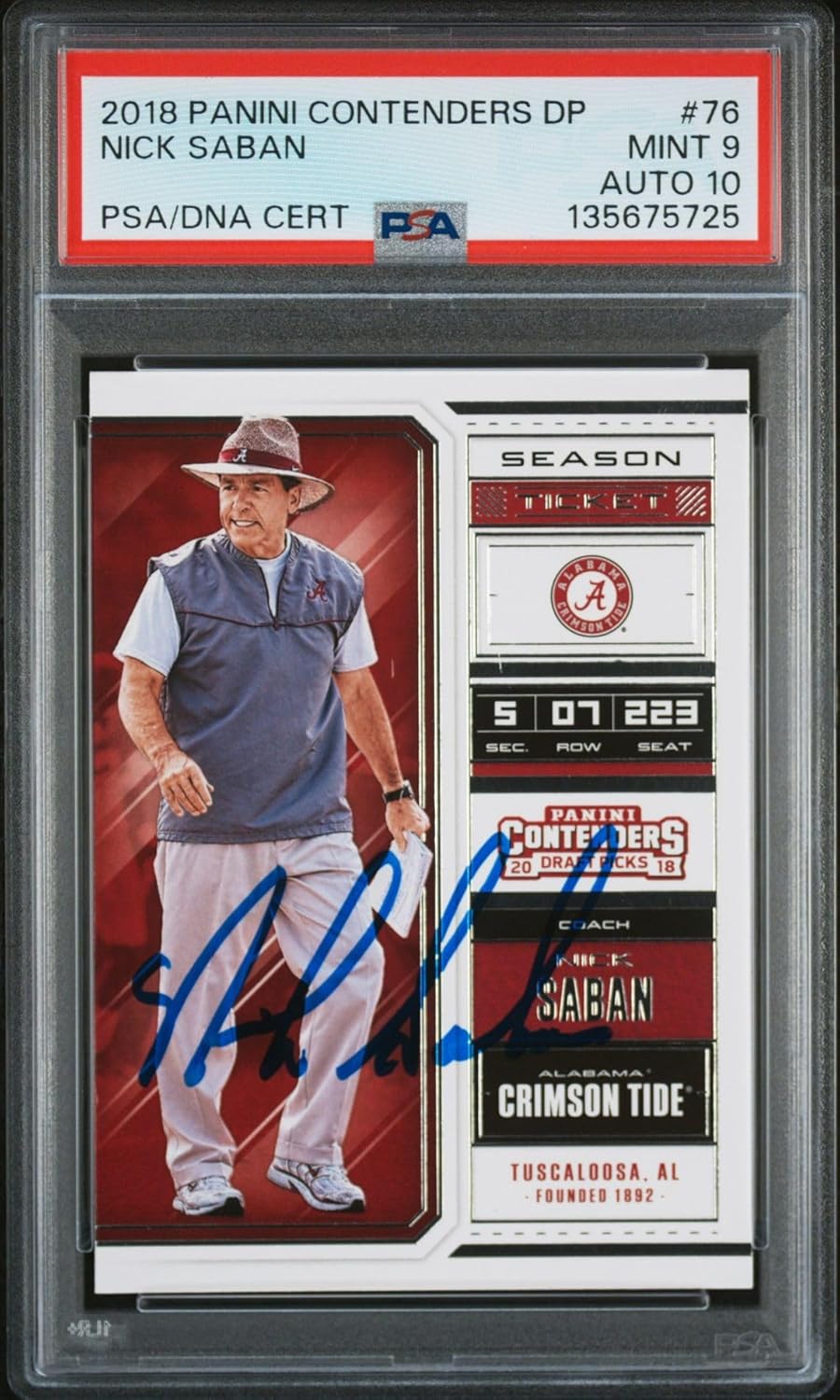 Nick Saban 2018 Panini Contenders Draft Picks Signed Football Card #76 Graded PSA 9 Auto 10 Cert #135675725