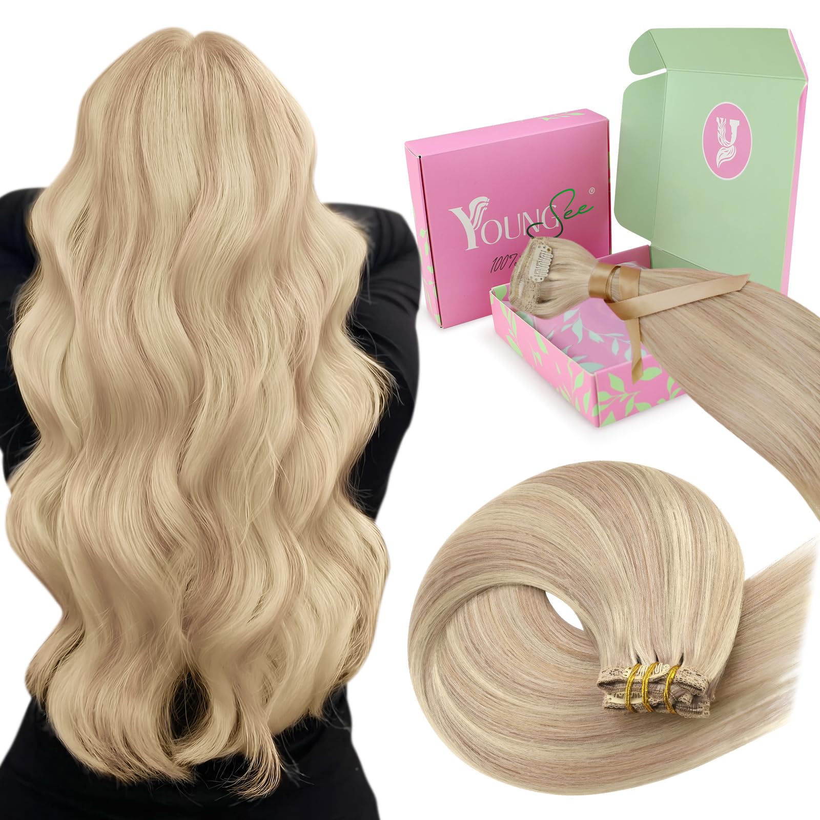 YoungSee Clip in Hair Extensions Real Human Hair Blonde 12 inch 80g Human Hair Extensions Clip in Ash Blonde Highlight Bleach Blonde Real Clip in Extensions for Girls Short Straight 7Pcs