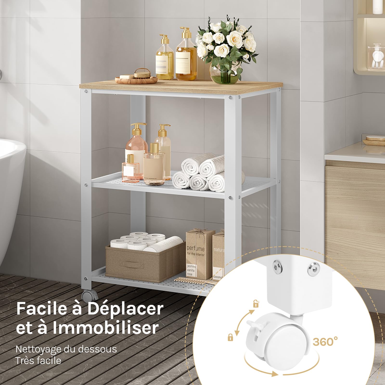 WOLTU Chariot de Cuisine Chariot de Service étagère de Cuisine en métal et MDF, Desserte de Cuisine à roulettes Style rétro, 60x40x76cm (Blanc + chêne Clair)