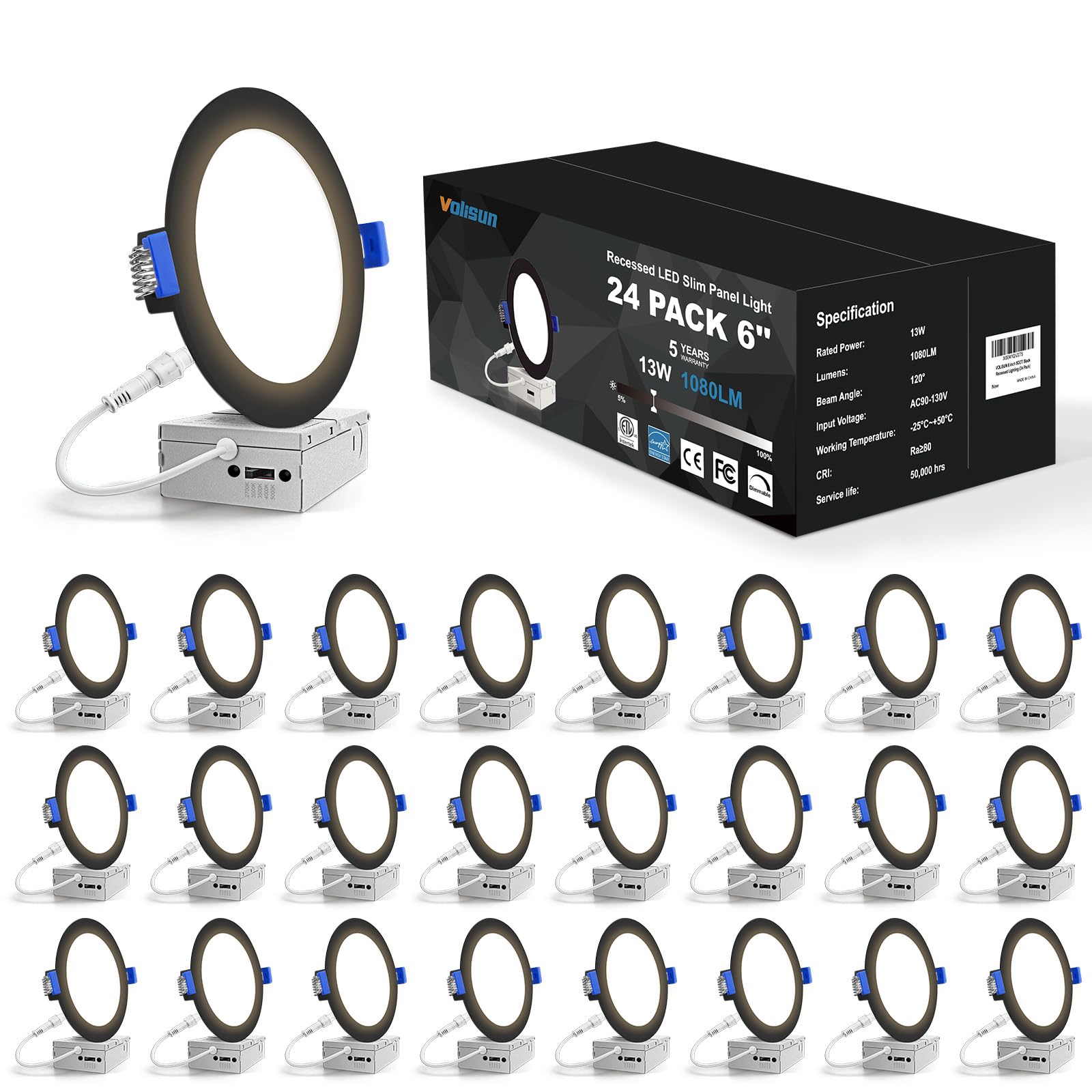 VOLISUN 24-Pack 6" Ultra-Thin LED Recessed Lights – 5CCT Selectable (2700K-5000K), 1080 Lm, Dimmable, ETL Listed - View #7