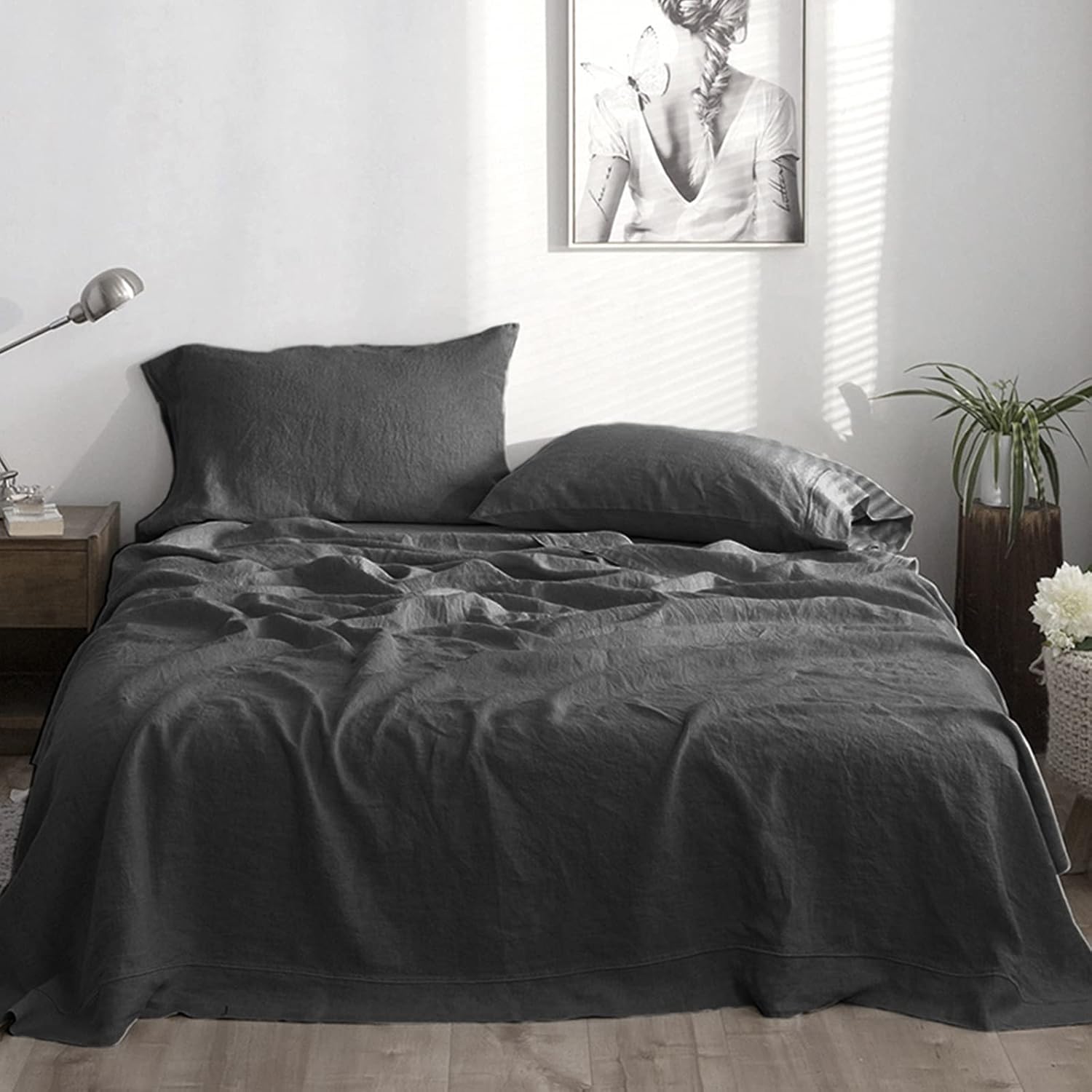 Simple&Opulence 100% Linen Sheet Set with Embroidery Washed - 4 Pieces (1 Flat Sheet & 1 Fitted Sheet & 2 Pillowcases) Natural Flax Soft Bedding Breathable Farmhouse - Dark Grey, King Size : Everything Else