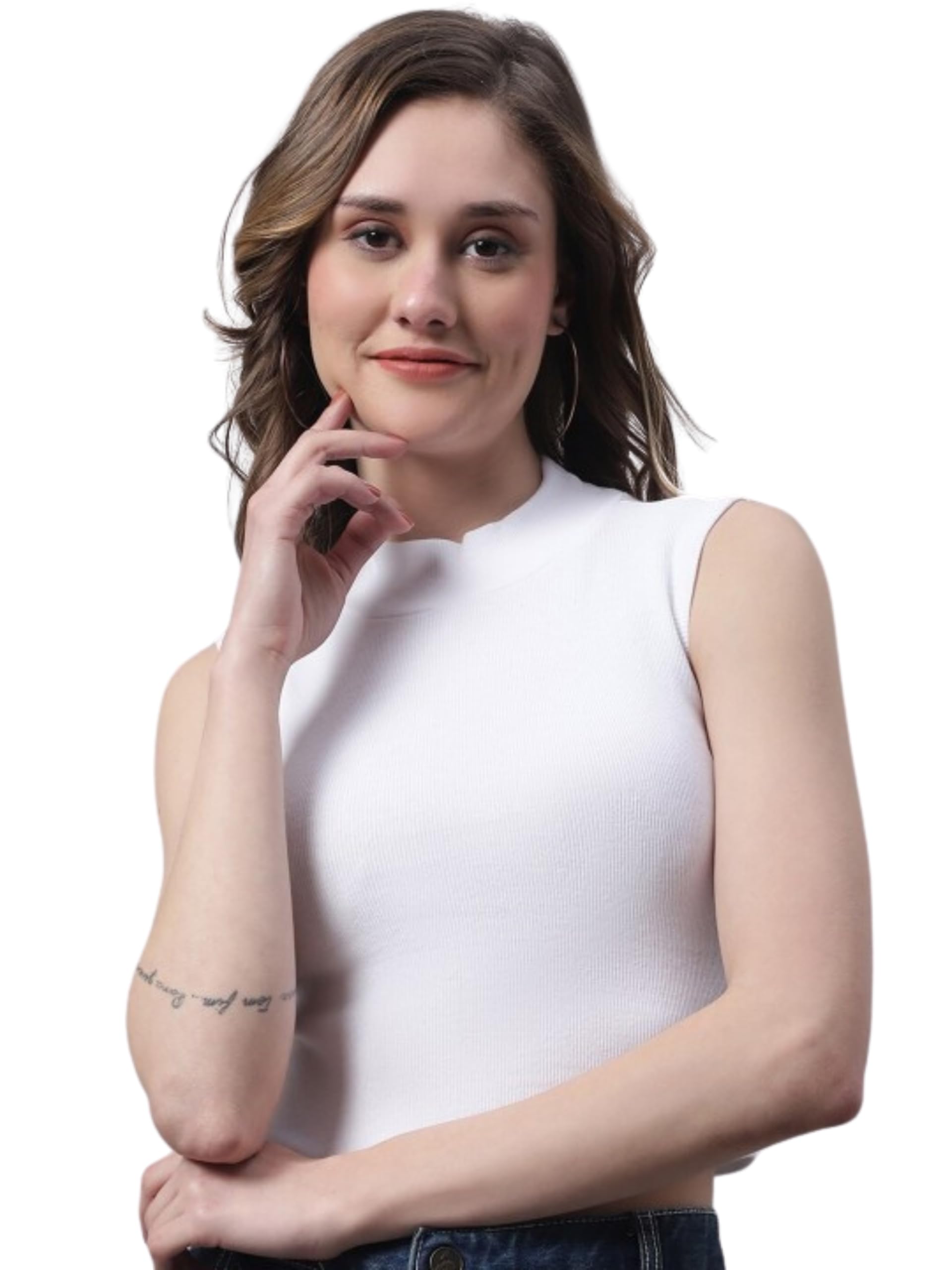 Ribbed High Neck Crop Top for Women Stylish Sleeveless Tank Tops for Women | Non-Padded Cotton Innerwear | Summer Crop Tops for Girls | Basic Solid Camisole Vest Top-image-32
