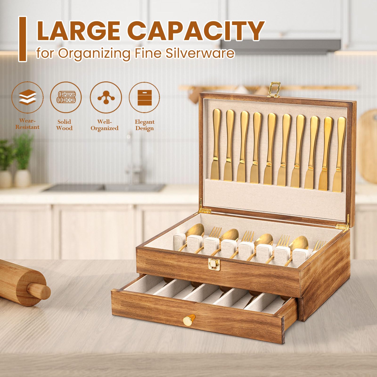 Besteck-Aufbewahrungsbox, 2-lagiger Besteck-Aufbewahrungskoffer mit Schublade, Holz-Bestecktruhe mit Leineneinsatz, rustikaler Besteckkoffer zur Aufbewahrung von feinem Besteck und Utensilien