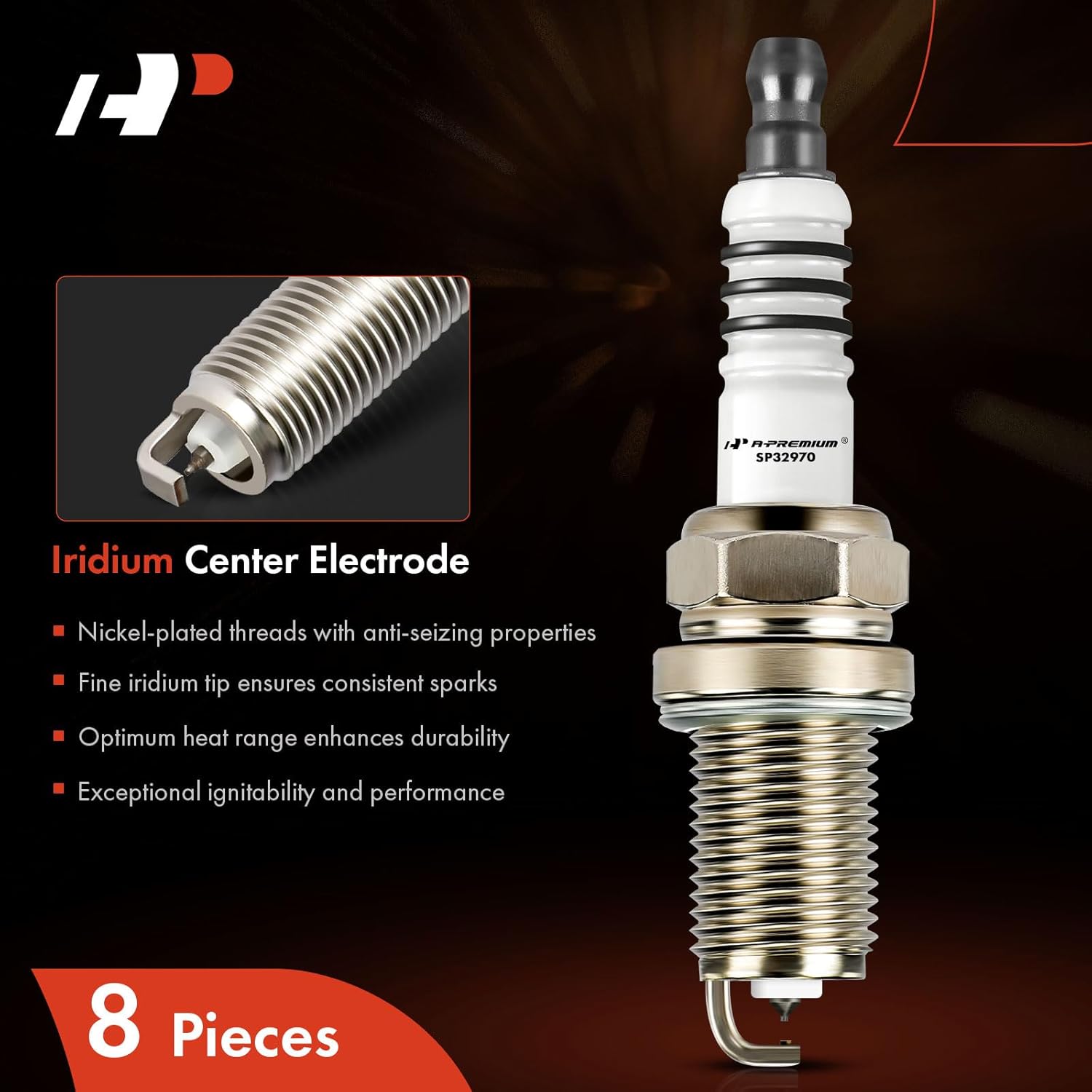 A-Premium Iridium & Platinum Spark Plug Compatible with Toyota Tundra, 4Runner, Sequoia, Land Cruiser & Mercedes-Benz C55 AMG & Volvo XC90, S80 & Lexus GX470, GS430, LS400, LX470, SC430, Pack of 8