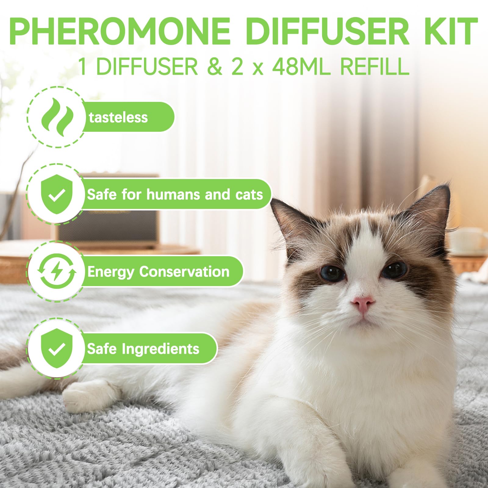 Cat Pheromones Calming Diffuser, 2 in 1 Cat Calming Starter Kit (Diffuser Head + 2pcs 48ml Vial) for 60 Days Use, Enhanced Cat Calming Diffuser Kit for Cat Anxiety Relief - image 2