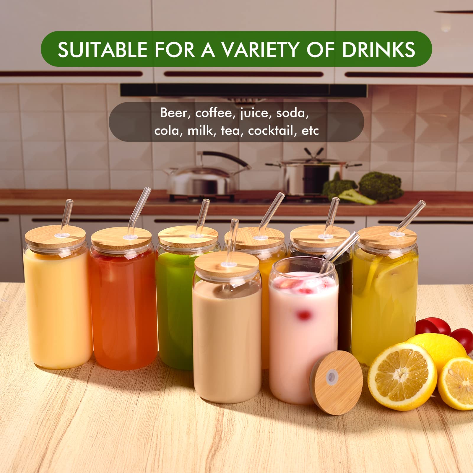 Naeety Glass Cups with Bamboo Lids and Glass Straw, Drinking Glasses Set of 4 - 16 Oz Beer Can Shaped Glass Cups, Iced Coffee Glasses, Tumbler Cup for Smoothie, Cocktail, Whiskey - 3 Cleaning Brushes