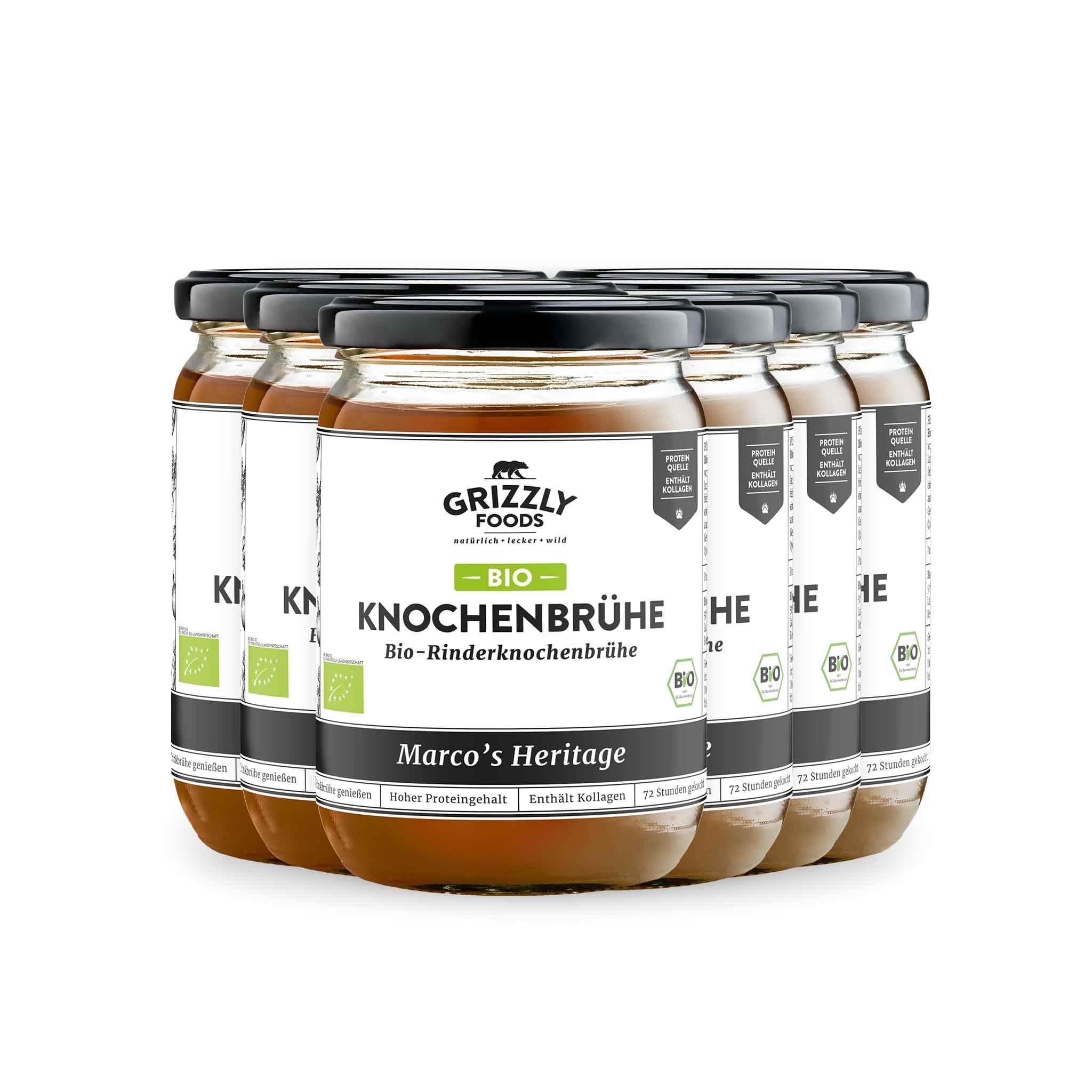 Grizzly Foods Brodo di ossa di manzo biologico (6 x 500 ml) - 25 g di collagene per bicchiere - Cotto per 72 ore - 100% naturale - Senza zucchero, senza additivi - Nutrienti preziosi - Bone Broth