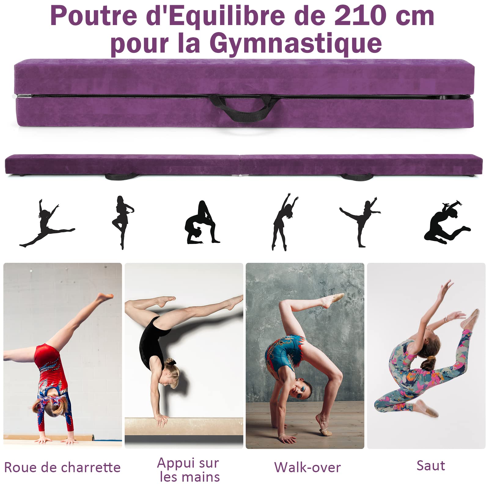 GOPLUS Poutre Gymnastique Pliable 210/240/270cm, Poutre d’Équilibre avec Patins Antidérapants, Surface Suède, Base en Pin Solide, Poignée de Transport pour Enfants et Adultes, Danse, Gymnaste, Fitness
