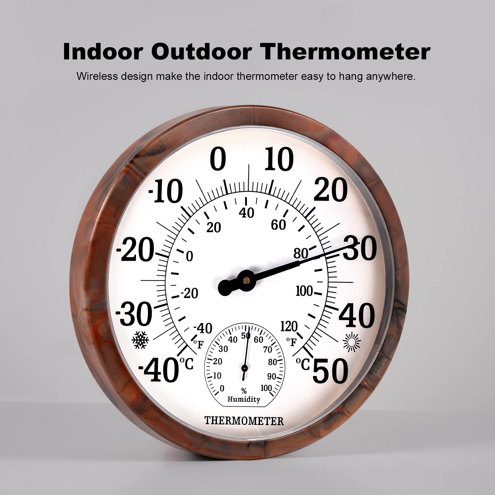 Indoor Outdoor Thermometer Hygrometer - 10 Zoll Außenthermometer Große Zahlen, 2 in 1 Thermometer Hygrometer, Außenthermometer für Terrasse (Brown)